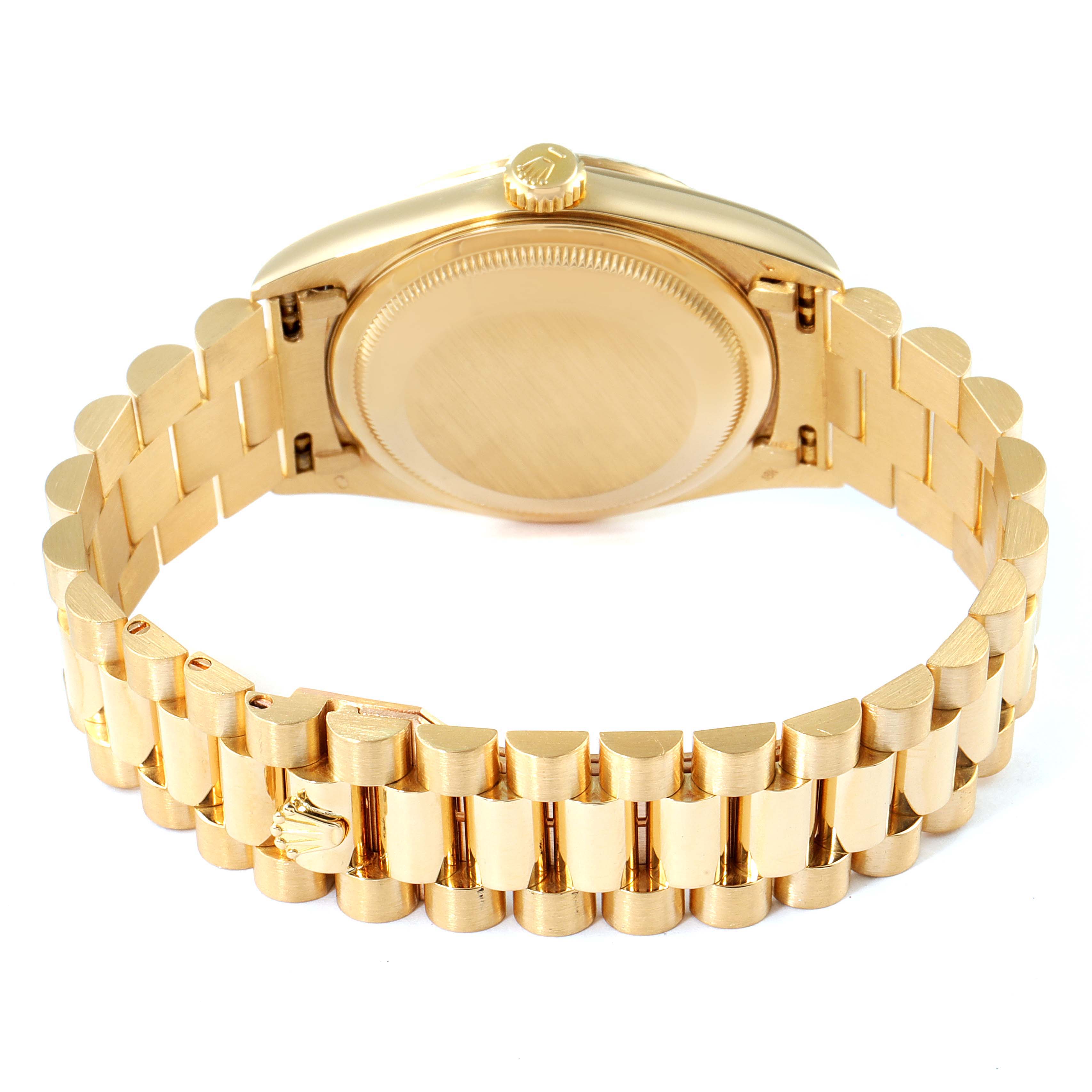 This image shows the back and bracelet of a Rolex President 18238 Men's Yellow Gold Champagne Dial 18238 Men's Yellow Gold Champagne Dial model watch from a rear angle.