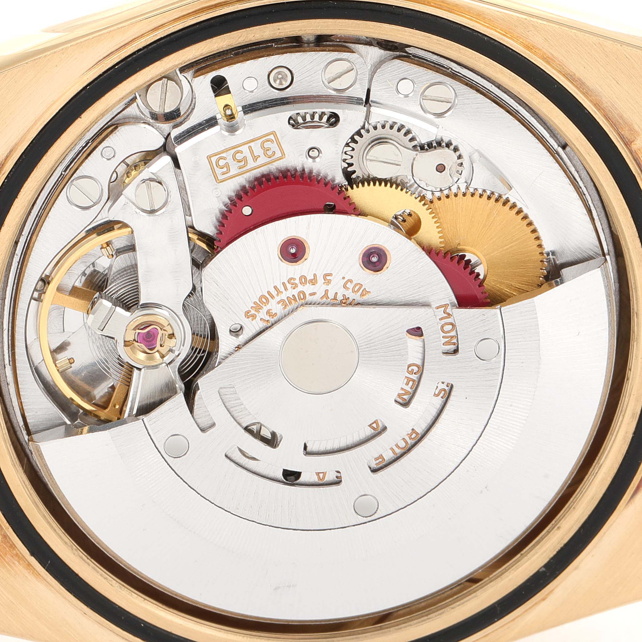 The image shows the internal movement and gears of a Rolex President 18238 Men's Yellow Gold Champagne Dial 18238 Men's Yellow Gold Champagne Dial model watch from a rear angle.