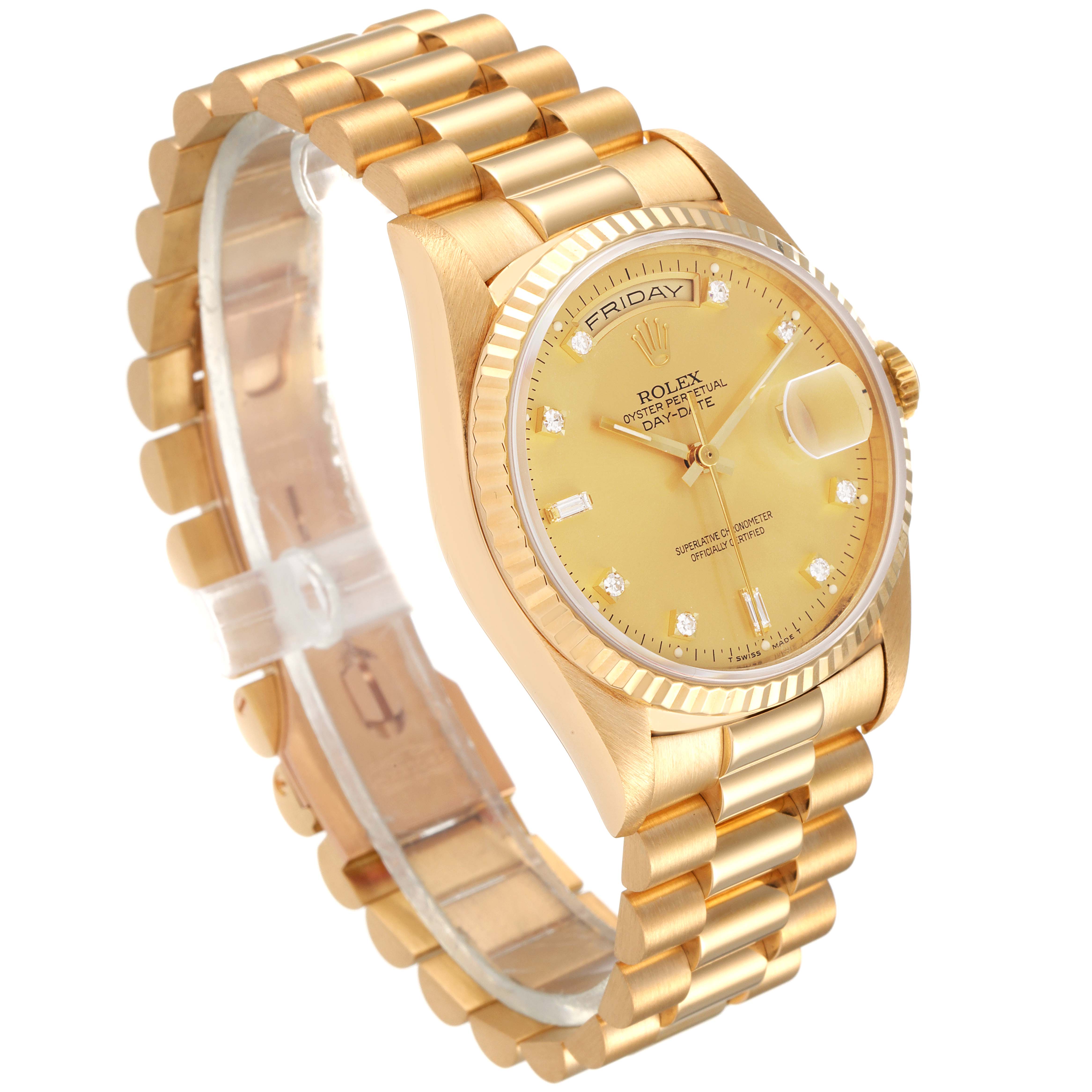 The image shows a side angle view of the Rolex President 18238 Men's Yellow Gold Champagne Dial 18238 Men's Yellow Gold Champagne Dial model watch, highlighting its gold bracelet, face, and fluted bezel.