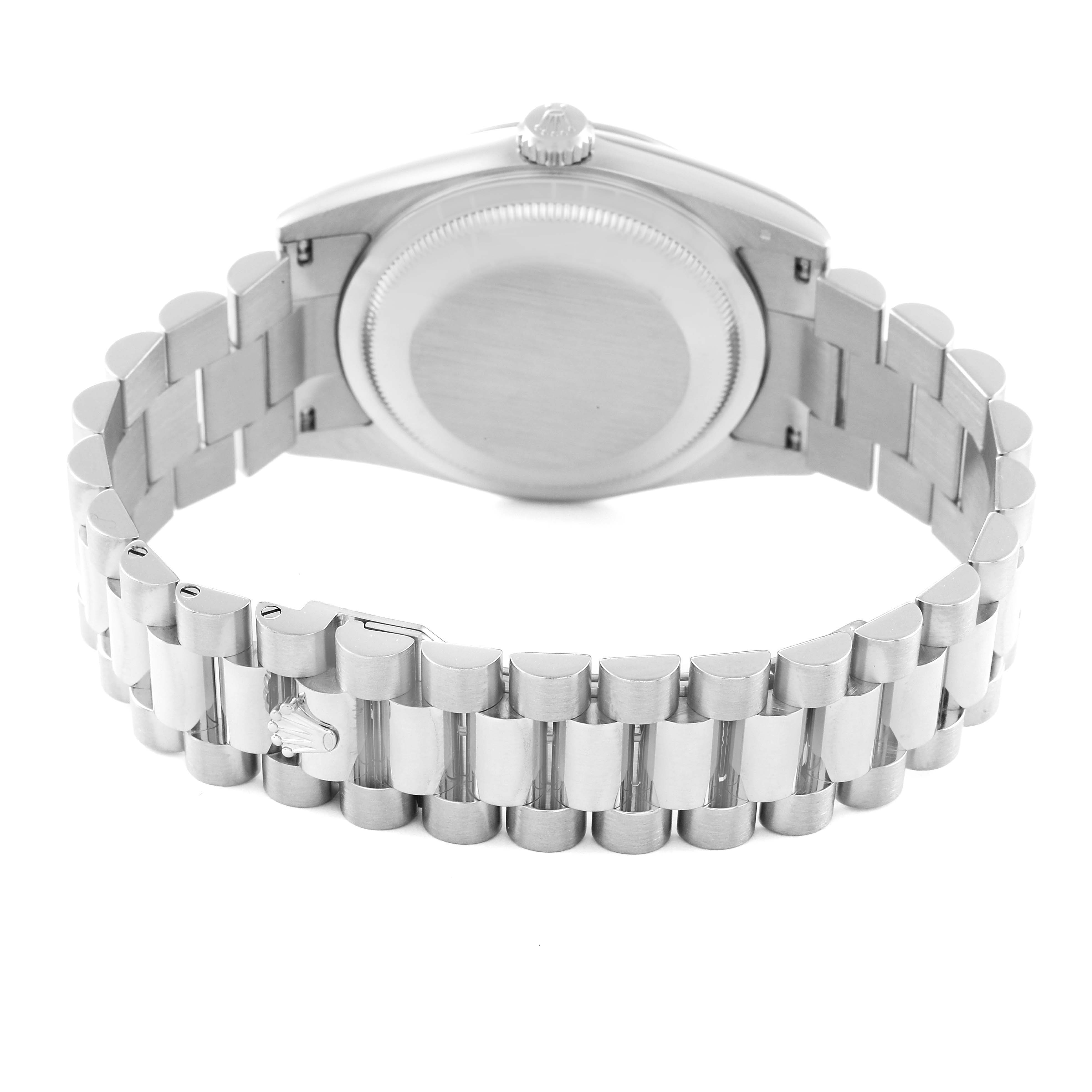 The image shows the back view of a Rolex President 118239 Men's White Gold Blue Dial 118239 Men's White Gold Blue Dial model watch, highlighting the bracelet and case back.