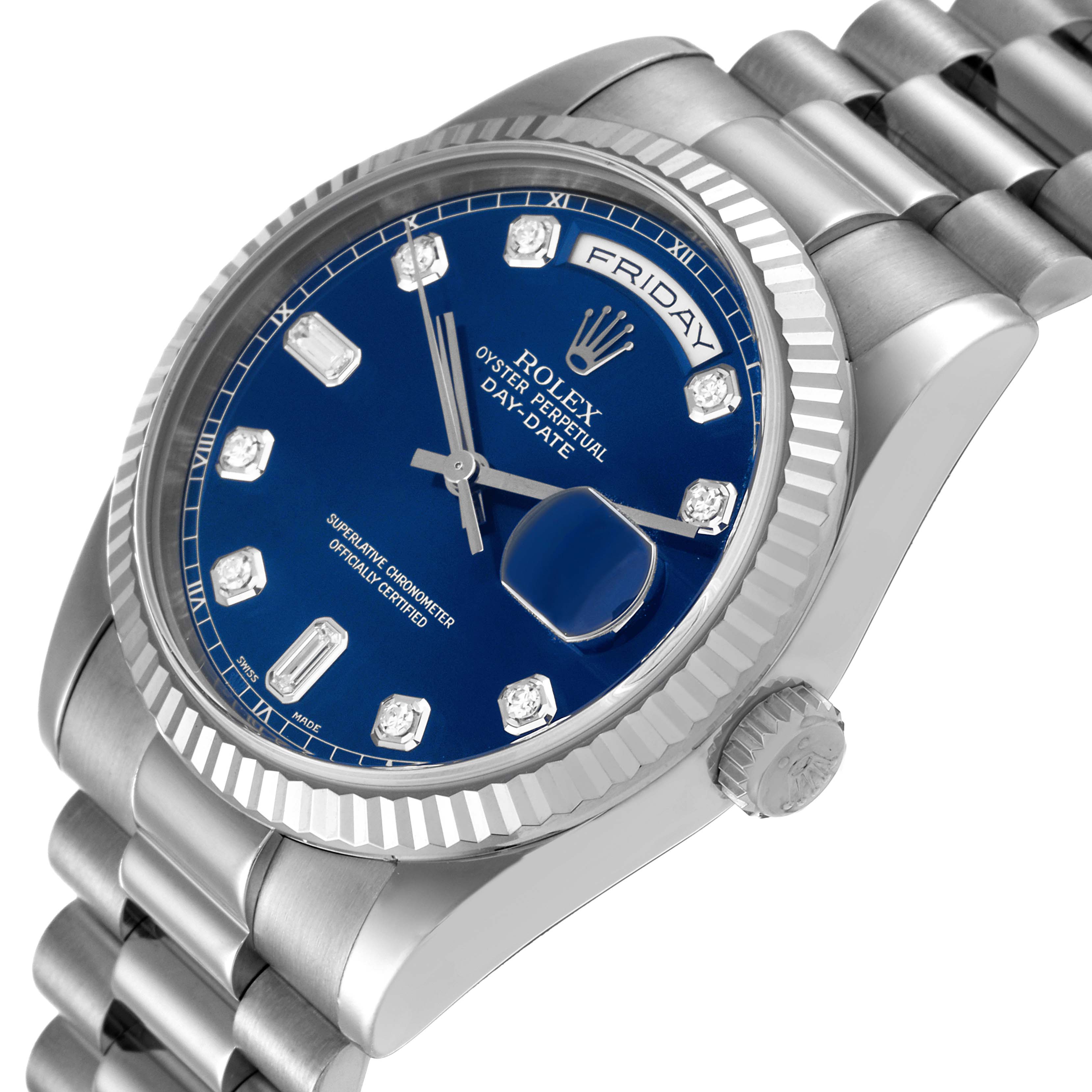 The image shows a side view of the Rolex President 118239 Men's White Gold Blue Dial 118239 Men's White Gold Blue Dial model watch, highlighting its blue dial, fluted bezel, and bracelet.