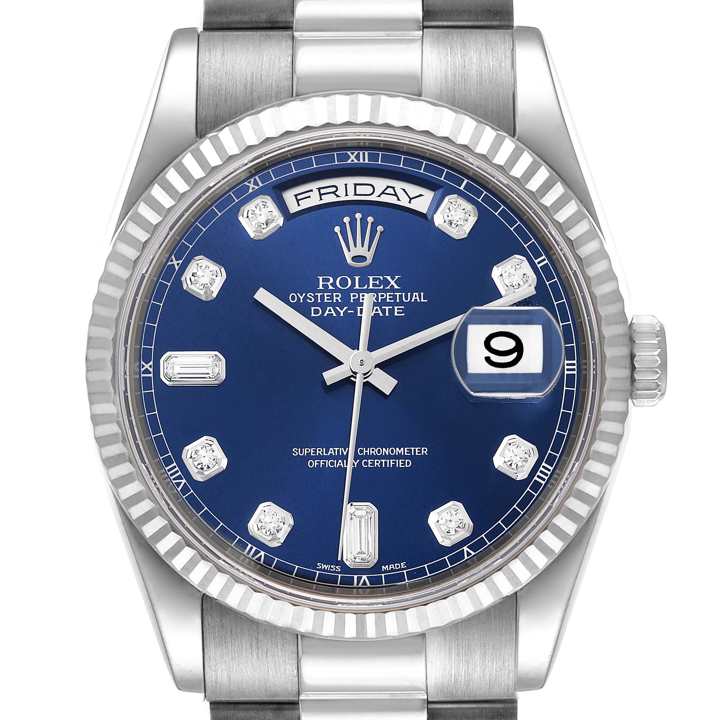 This image shows a frontal view of the Rolex President 118239 Men's White Gold Blue Dial 118239 Men's White Gold Blue Dial model, highlighting the blue dial, day-date display, and diamond hour markers.