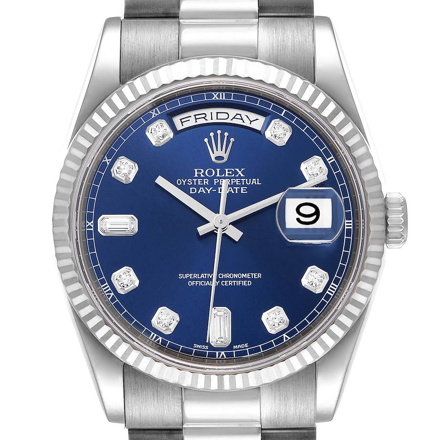 Rolex President Day-Date White Gold Blue Diamond Dial Mens Watch 118239 SwissWatchExpo