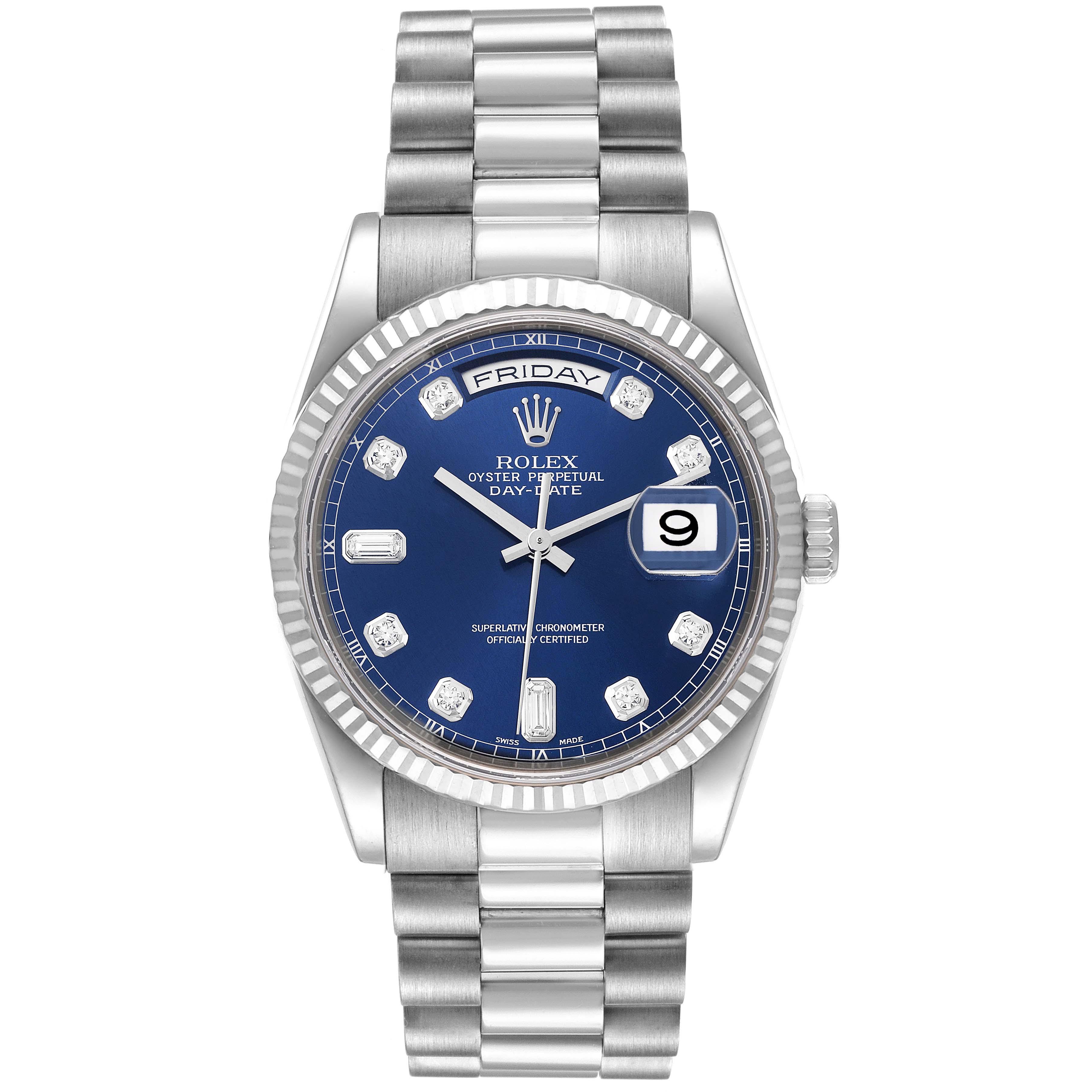 This image shows a front view of the Rolex President 118239 Men's White Gold Blue Dial 118239 Men's White Gold Blue Dial model watch, highlighting its blue dial, date display, and metal bracelet.