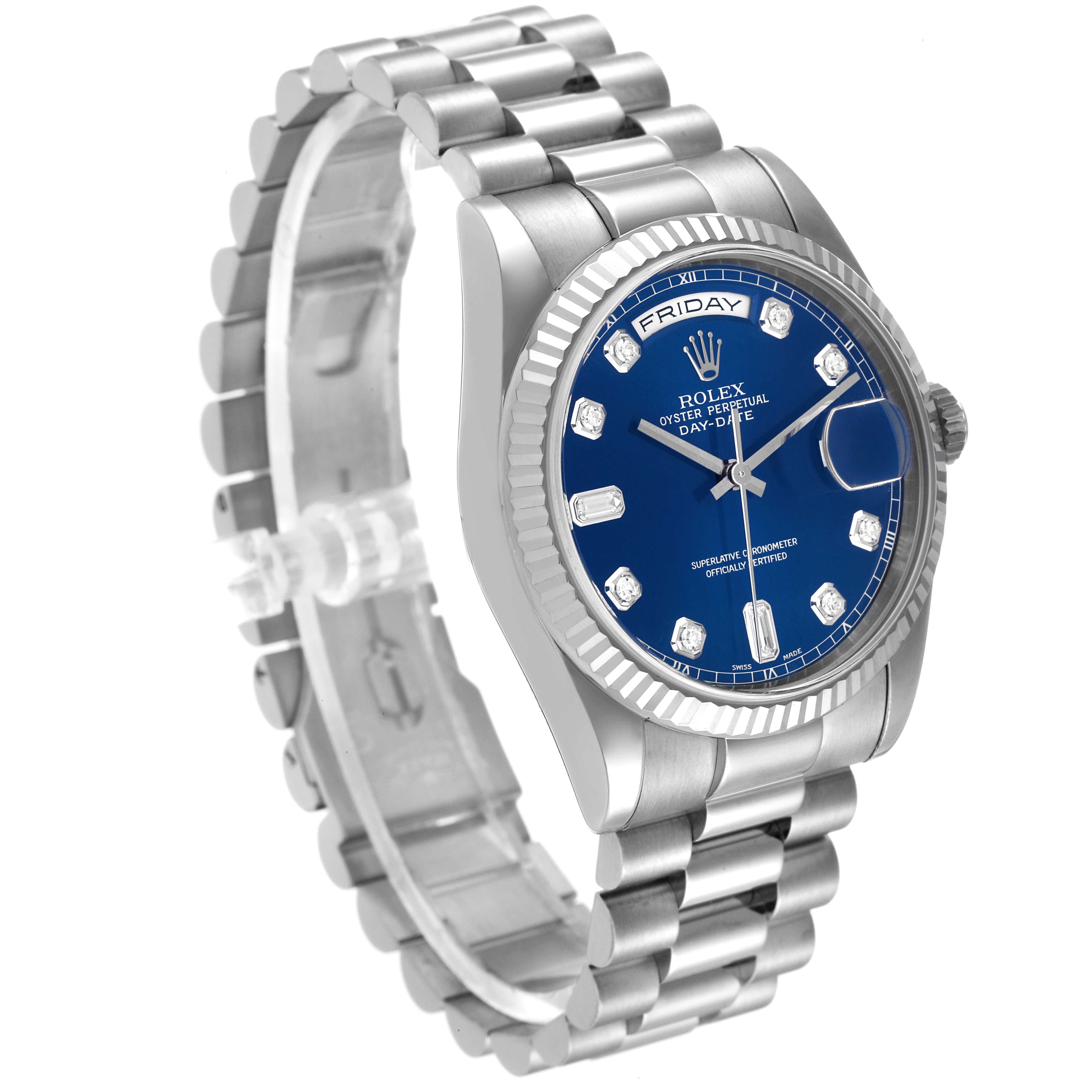 The image shows a side angle of a Rolex President 118239 Men's White Gold Blue Dial 118239 Men's White Gold Blue Dial model watch, featuring its dial, bezel, and bracelet.