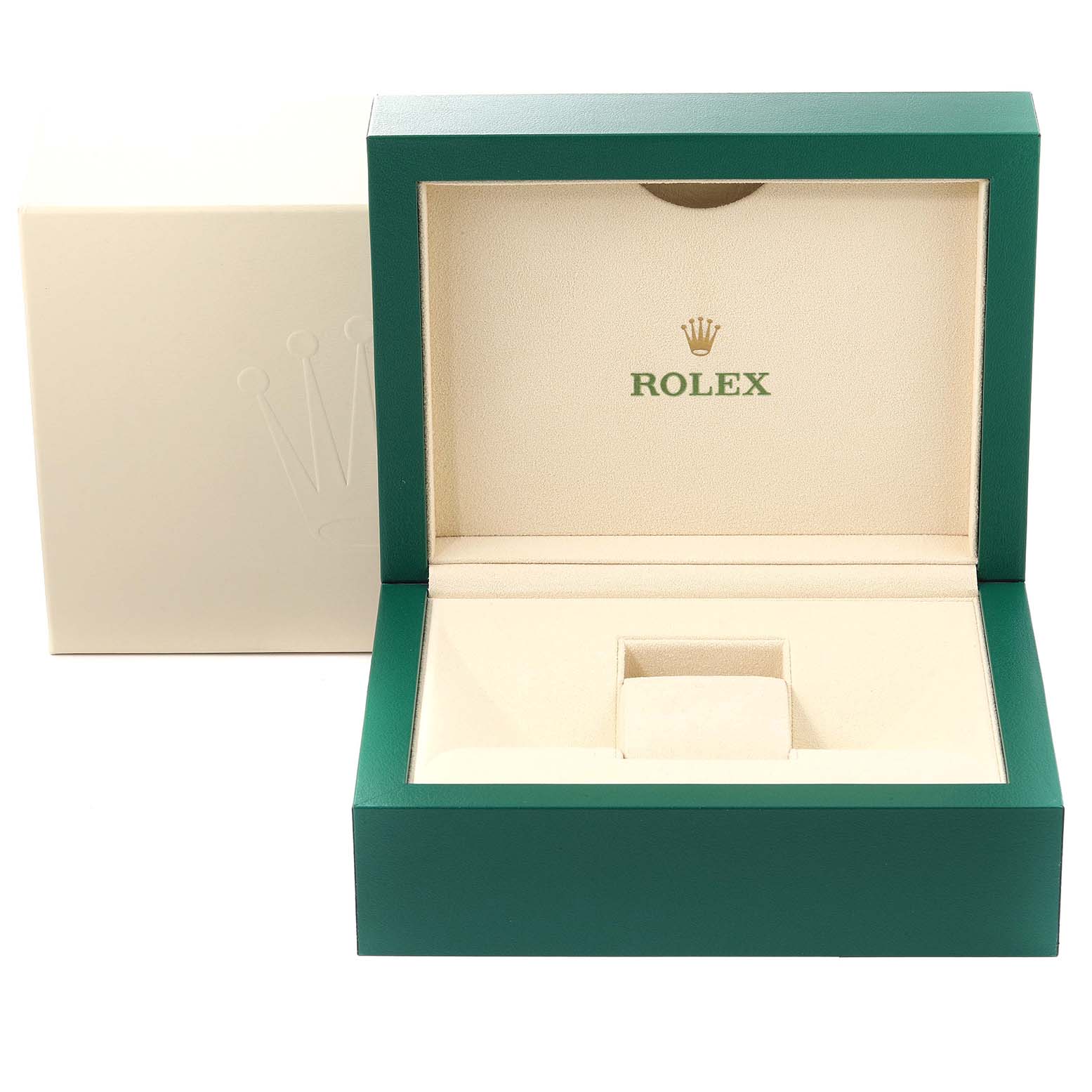 The image shows an open green and beige Rolex watch box for the President model, with the lid displaying the Rolex logo.
