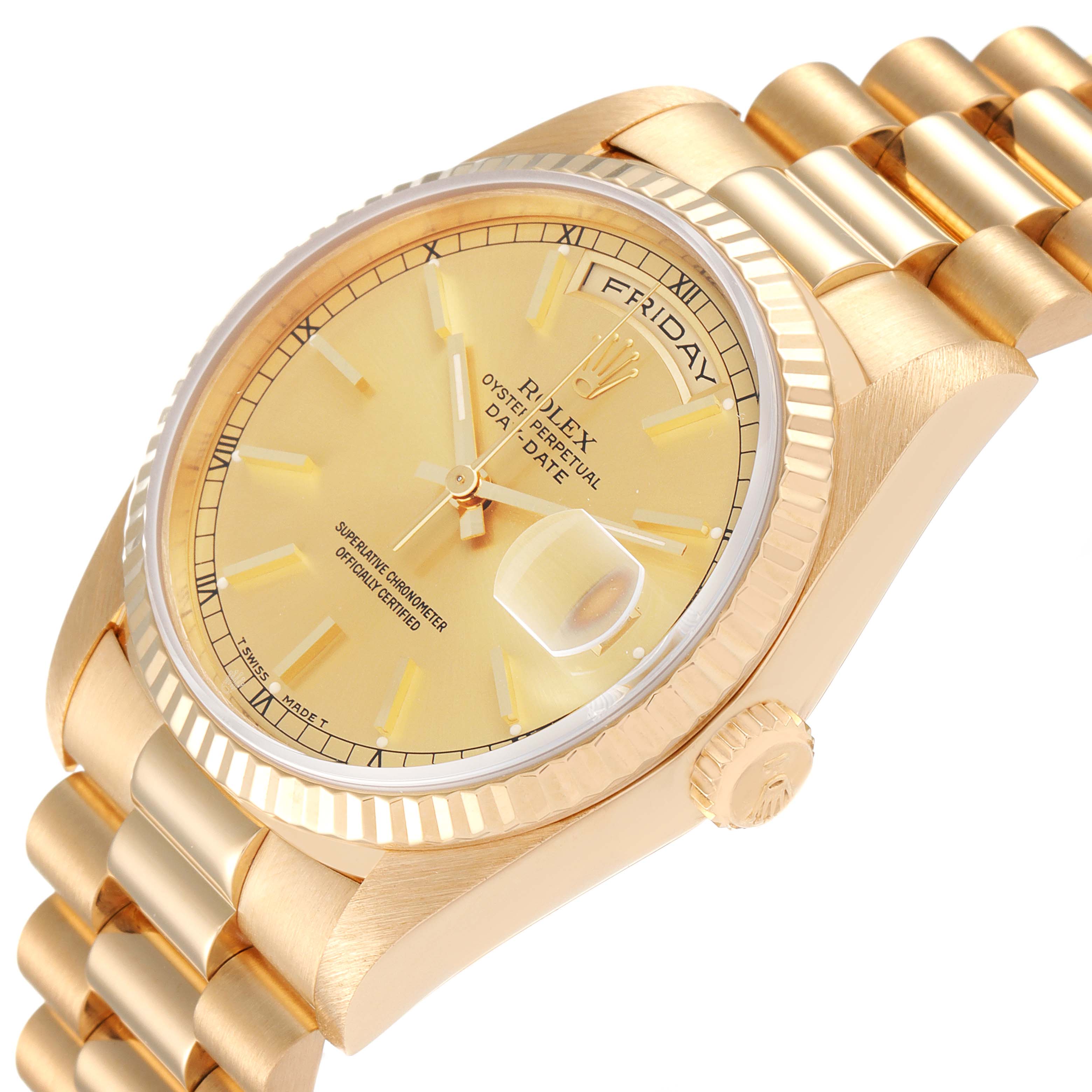 This Rolex President 18238 Men
s Yellow Gold Champagne Dial 18238 Men
s Yellow Gold Champagne Dial model watch is shown at a three-quarter angle, displaying the dial, bezel, and part of the bracelet.