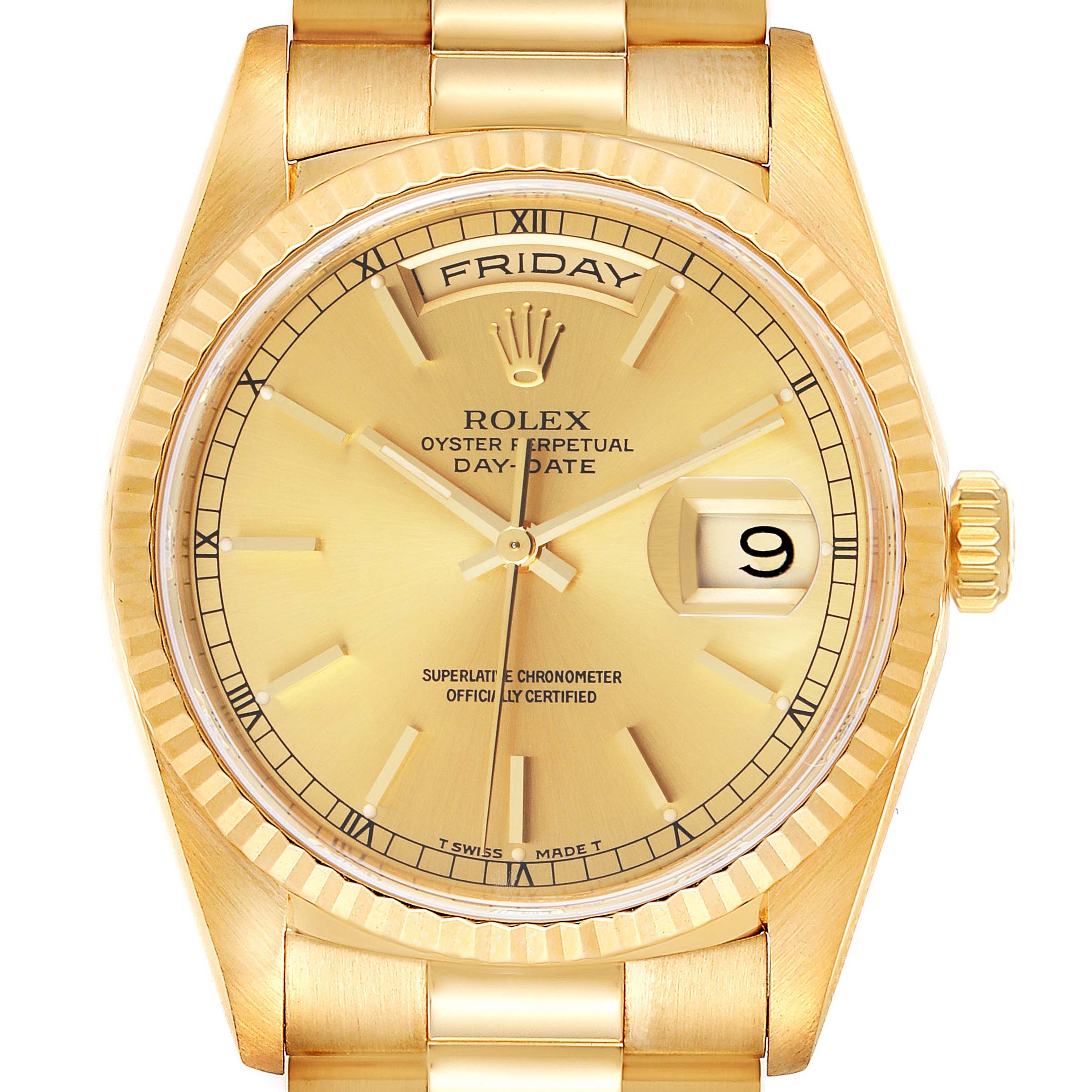 The image shows a frontal view of the Rolex President 18238 Men
s Yellow Gold Champagne Dial 18238 Men
s Yellow Gold Champagne Dial model watch, highlighting the dial, crown, and part of the bracelet.