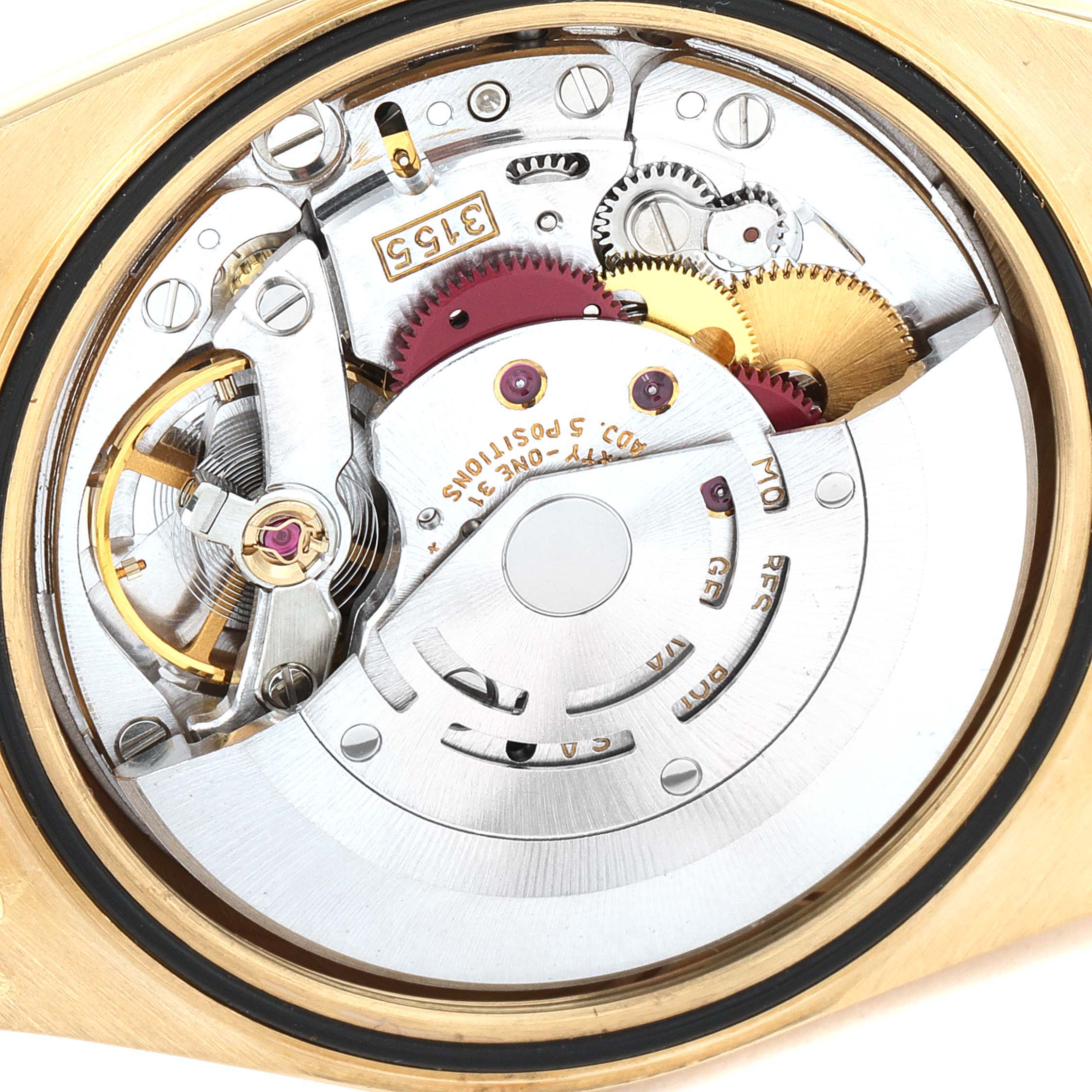 This image shows the internal mechanical movement of a Rolex President 18238 Men
s Yellow Gold Champagne Dial 18238 Men
s Yellow Gold Champagne Dial model watch, viewed from the back.