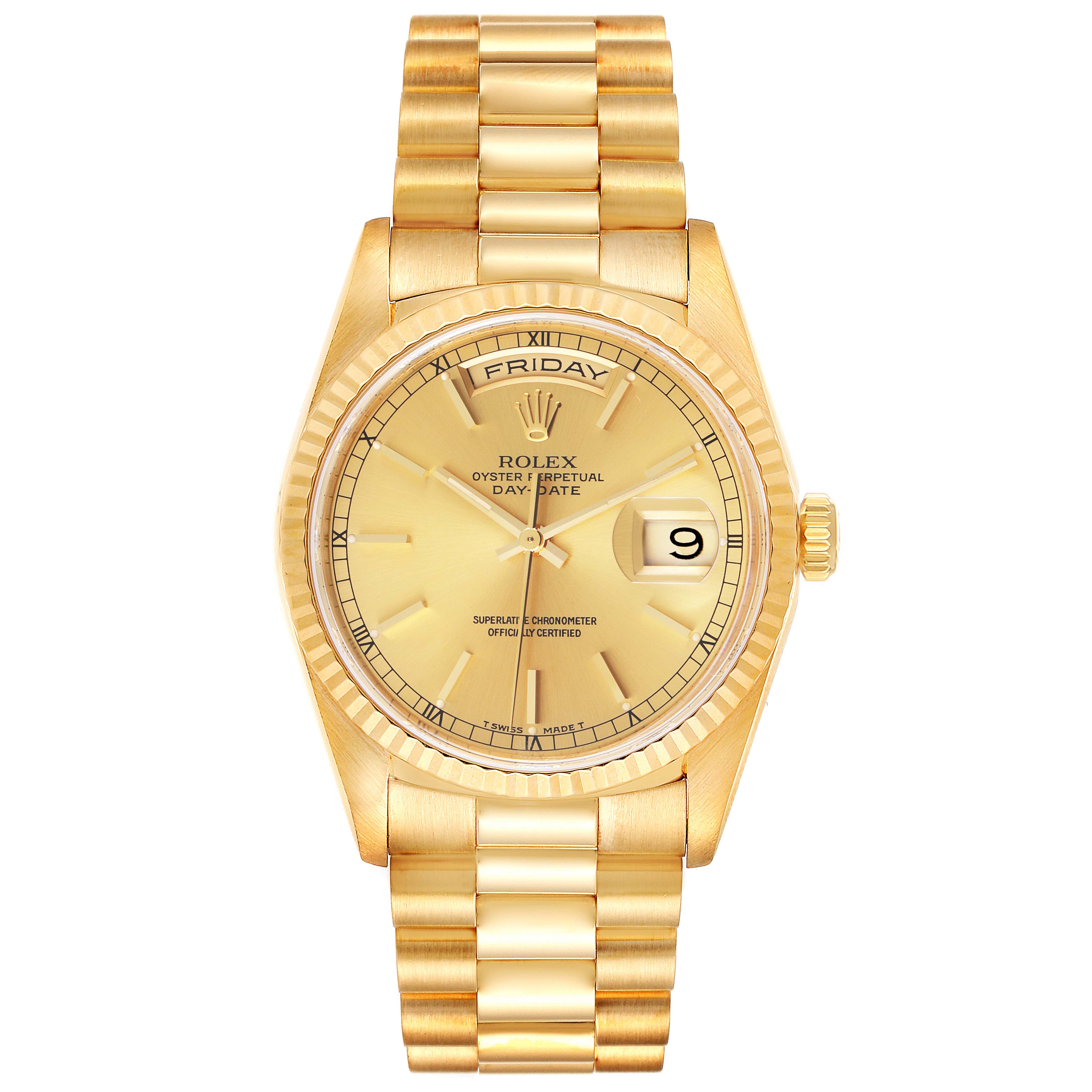 The image shows a Rolex President 18238 Men
s Yellow Gold Champagne Dial 18238 Men
s Yellow Gold Champagne Dial model watch from a front angle, displaying the dial, bezel, crown, and bracelet.