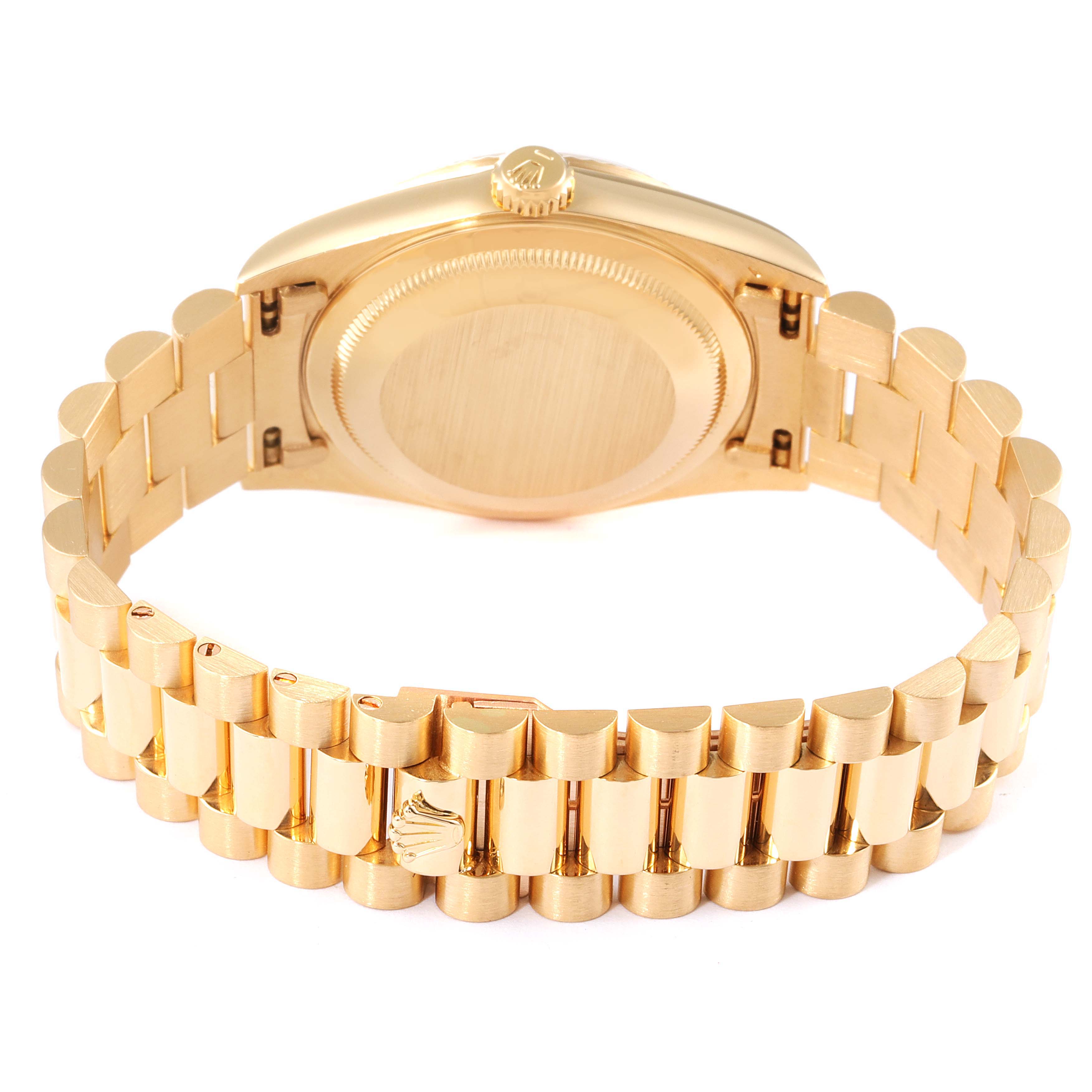 The image shows the back case and bracelet of a Rolex President 18238 Men
s Yellow Gold Champagne Dial 18238 Men
s Yellow Gold Champagne Dial model watch.