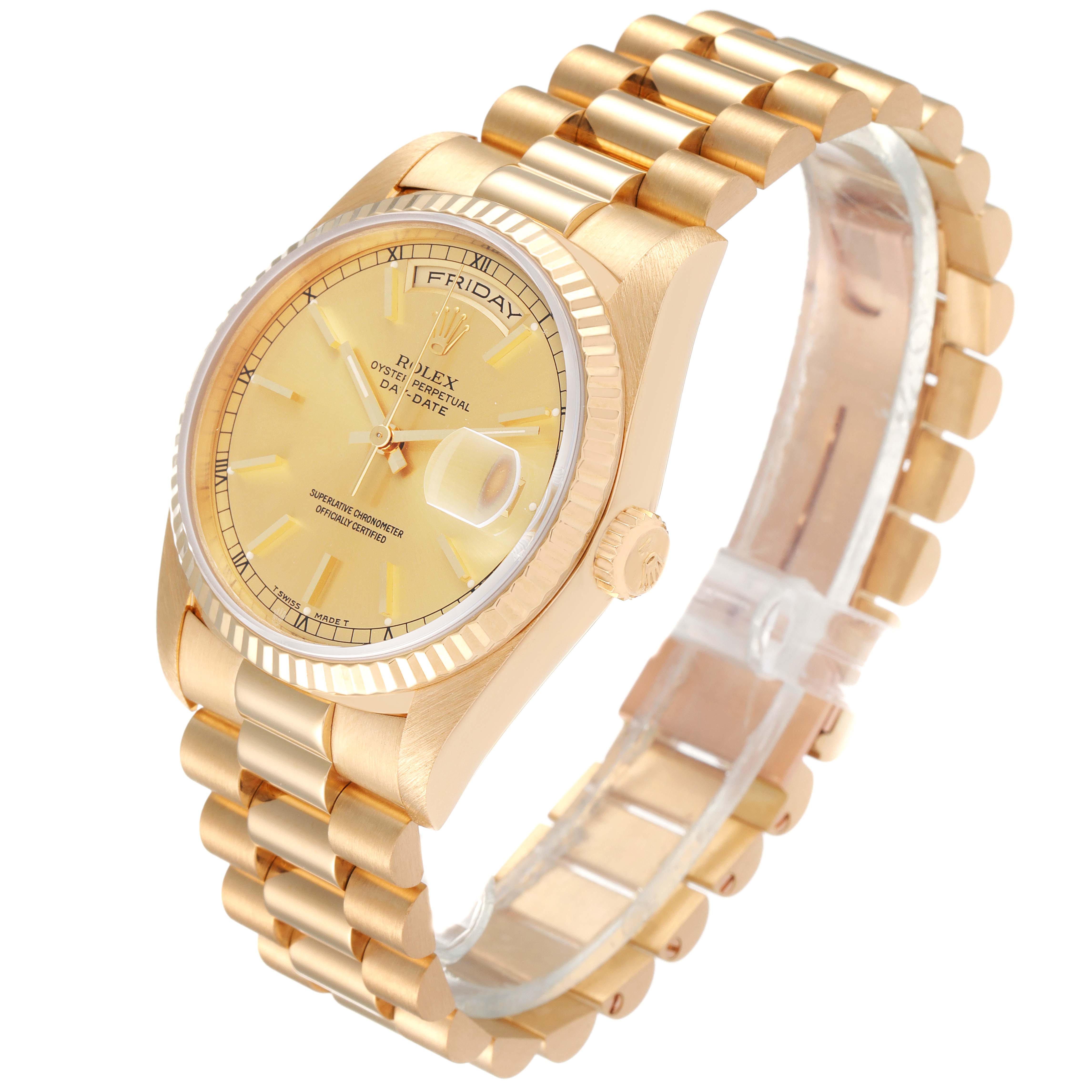 The image shows a Rolex President 18238 Men
s Yellow Gold Champagne Dial 18238 Men
s Yellow Gold Champagne Dial model watch angled to display the face, bezel, crown, and bracelet links.