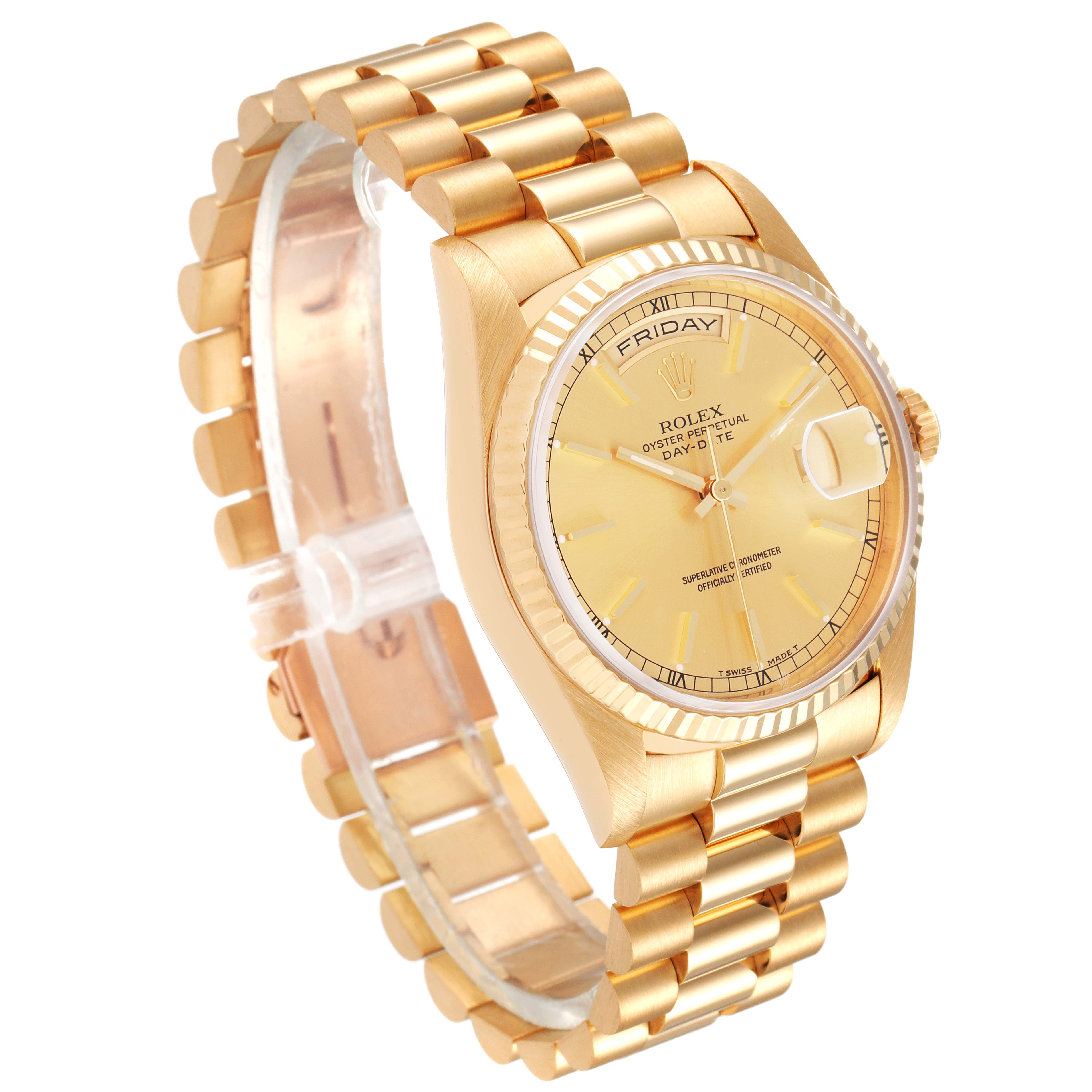 The image shows a Rolex President 18238 Men
s Yellow Gold Champagne Dial 18238 Men
s Yellow Gold Champagne Dial model watch at a three-quarter angle, highlighting its golden bracelet, dial, and bezel.