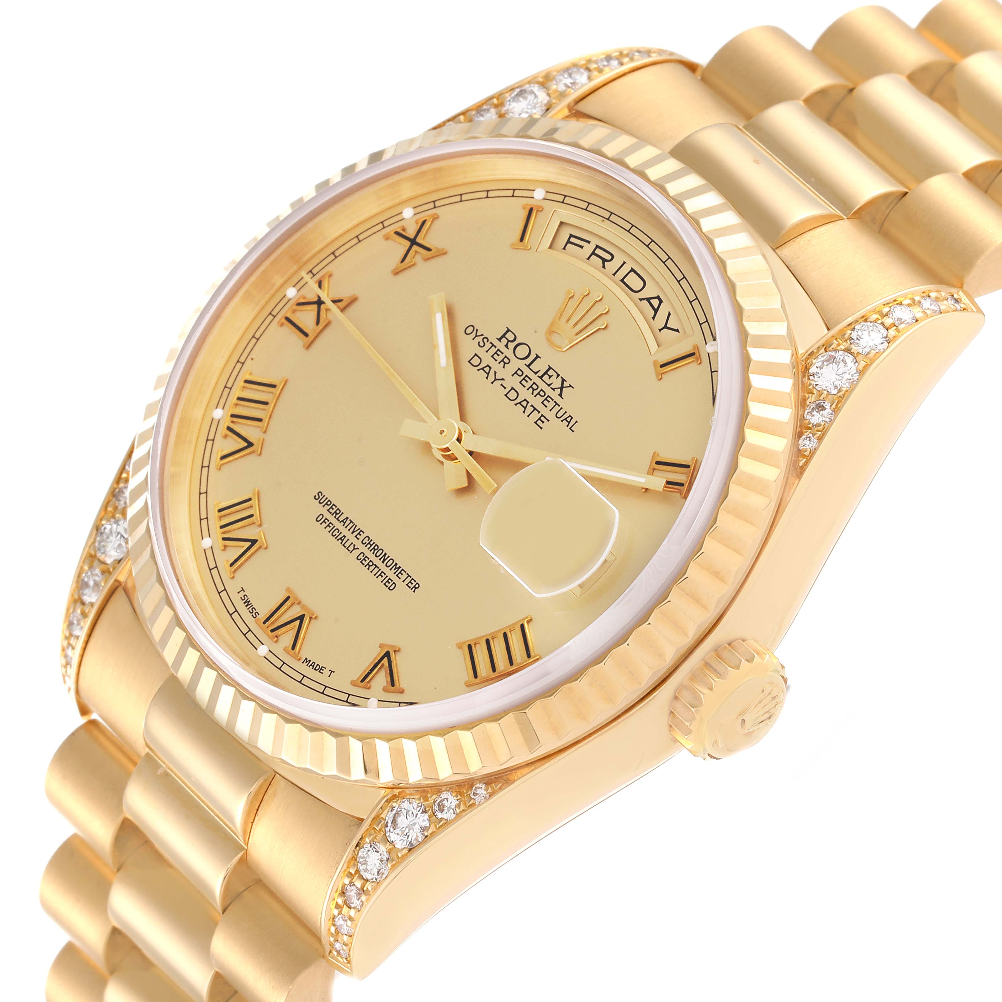 This image shows a Rolex President 18338 Men's Yellow Gold Champagne Dial 18338 Men's Yellow Gold Champagne Dial model watch at an angle highlighting the dial, case, crown, and part of the bracelet.