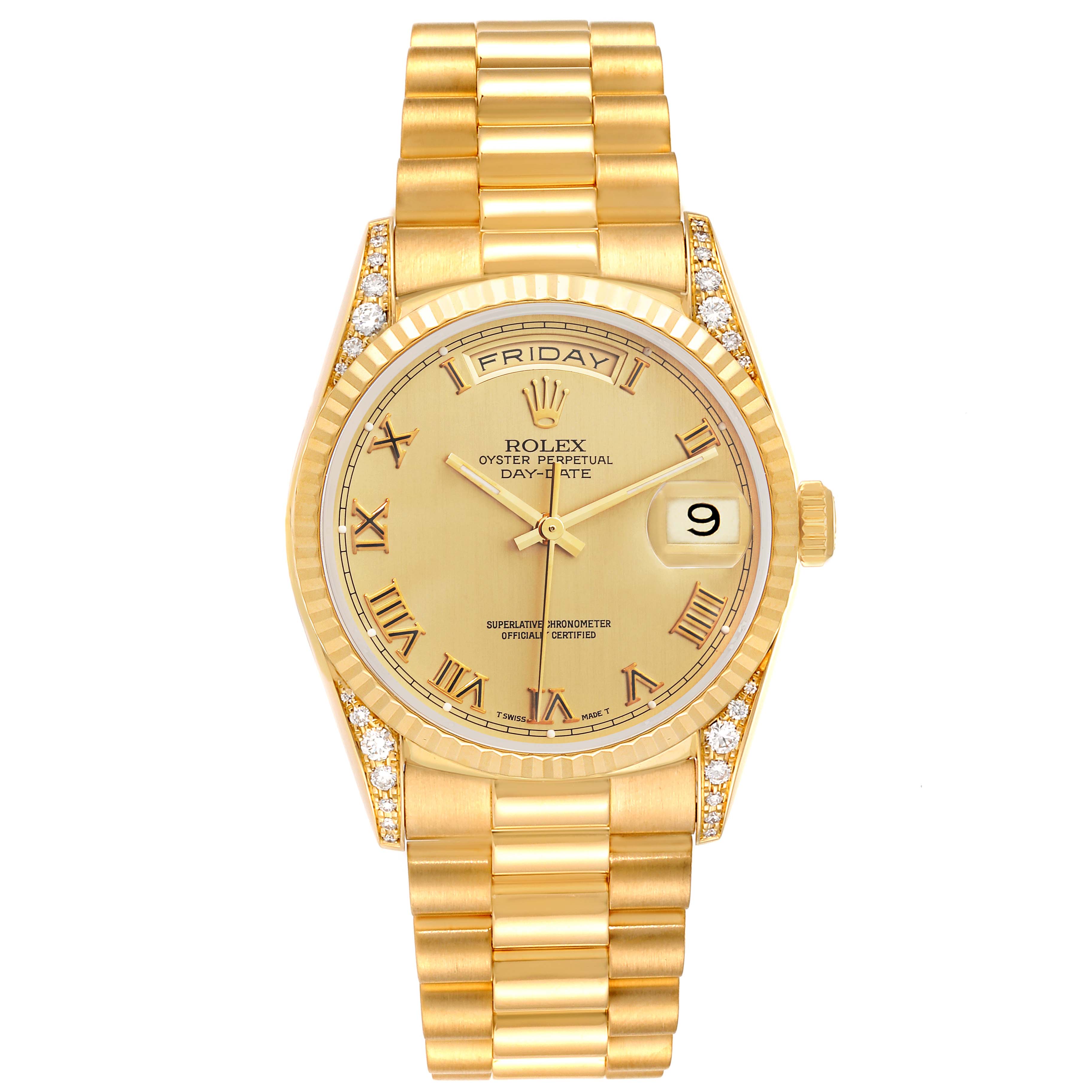 The image shows a front view of the Rolex President 18338 Men's Yellow Gold Champagne Dial 18338 Men's Yellow Gold Champagne Dial watch, highlighting its gold bracelet, dial, and diamond-accented bezel.