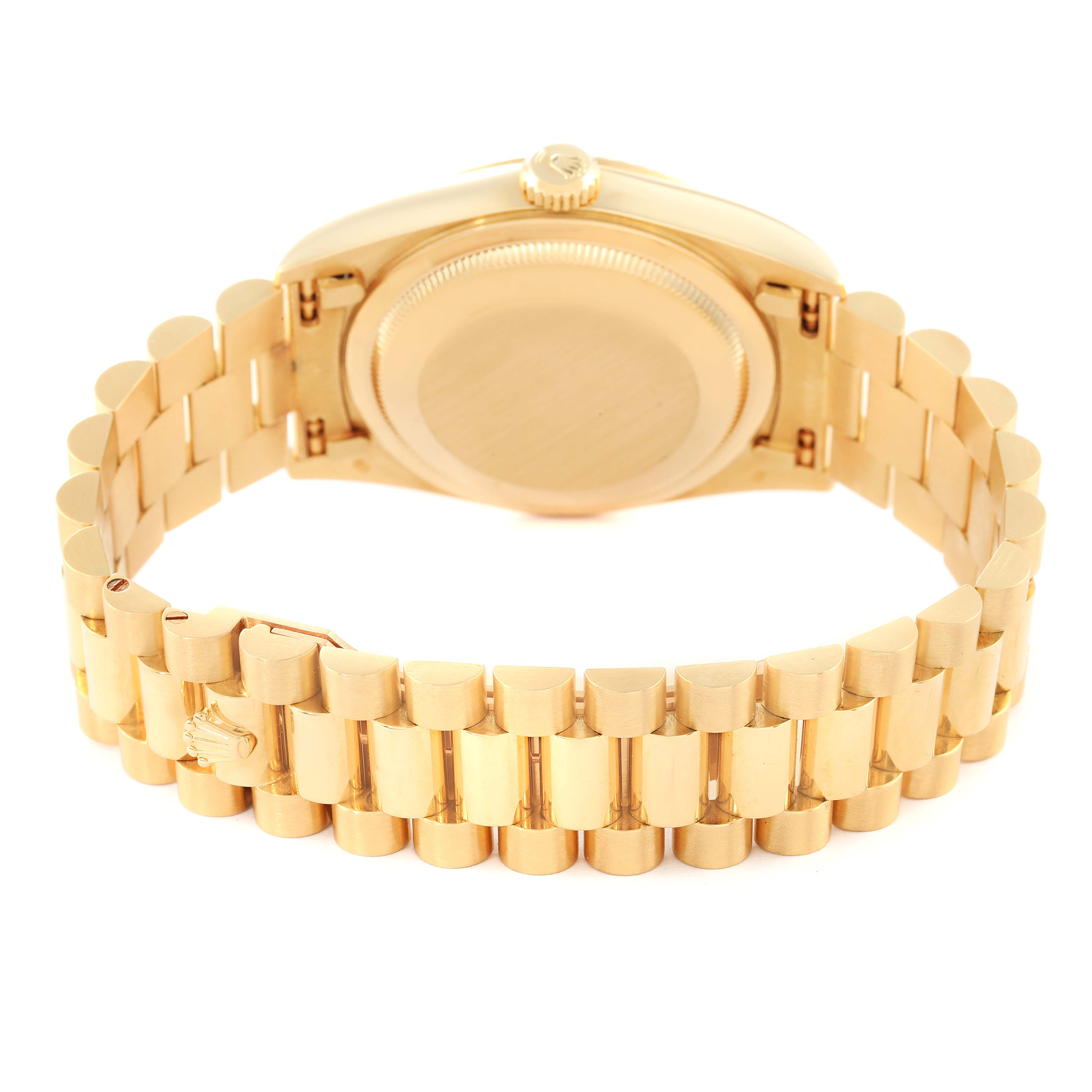 This image shows the back view of a Rolex President 18338 Men's Yellow Gold Champagne Dial 18338 Men's Yellow Gold Champagne Dial model watch, highlighting its case back and bracelet.