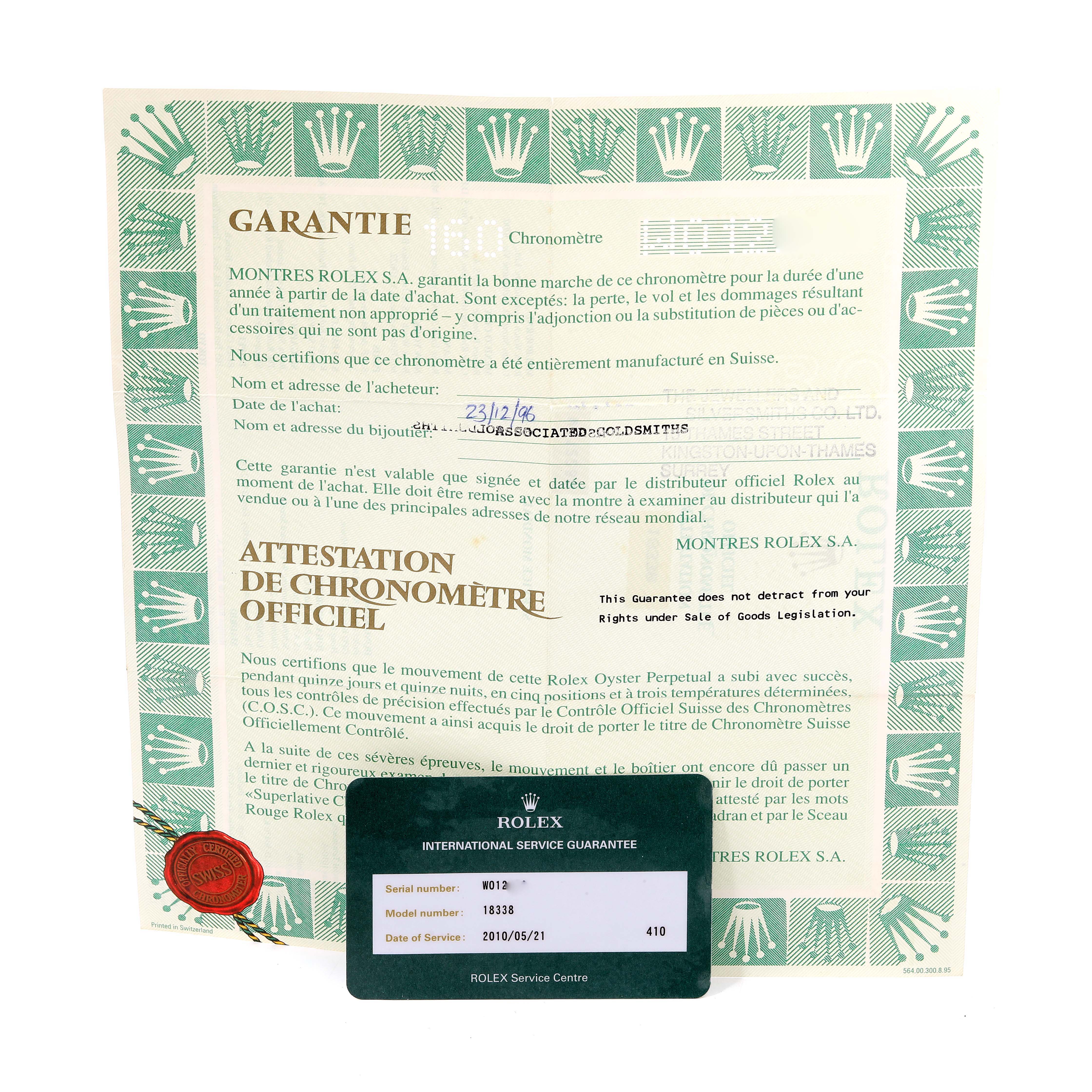 The image shows the guarantee certificate and international service guarantee card for a Rolex President 18338 Men's Yellow Gold Champagne Dial 18338 Men's Yellow Gold Champagne Dial model watch.