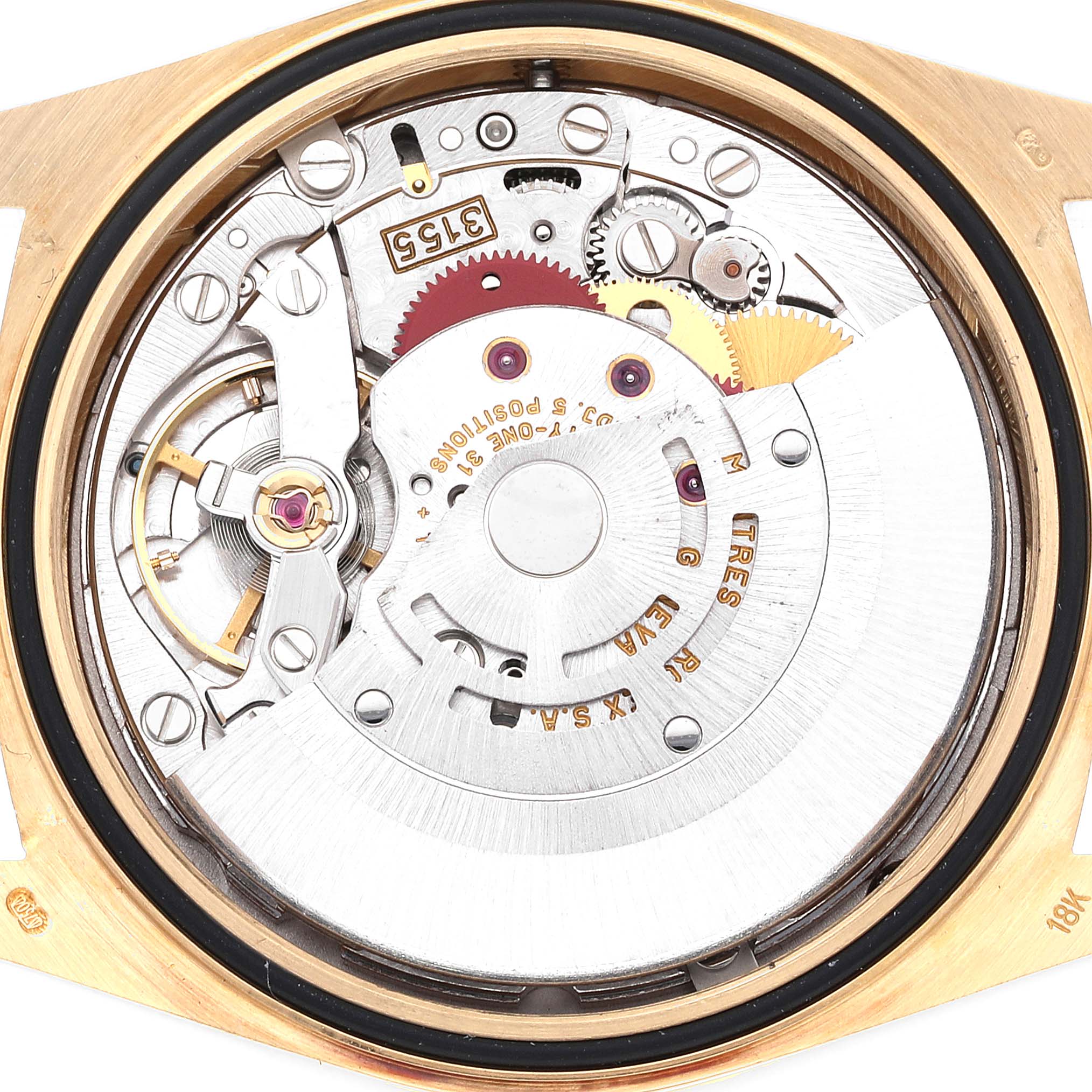 This is a close-up view of the movement mechanism inside a Rolex President 18338 Men's Yellow Gold Champagne Dial 18338 Men's Yellow Gold Champagne Dial model watch.