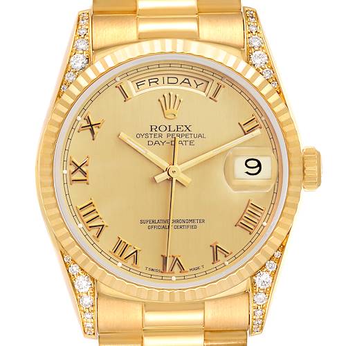 Photo of Rolex President Day Date Yellow Gold Diamond Lugs Mens Watch 18338 Papers
