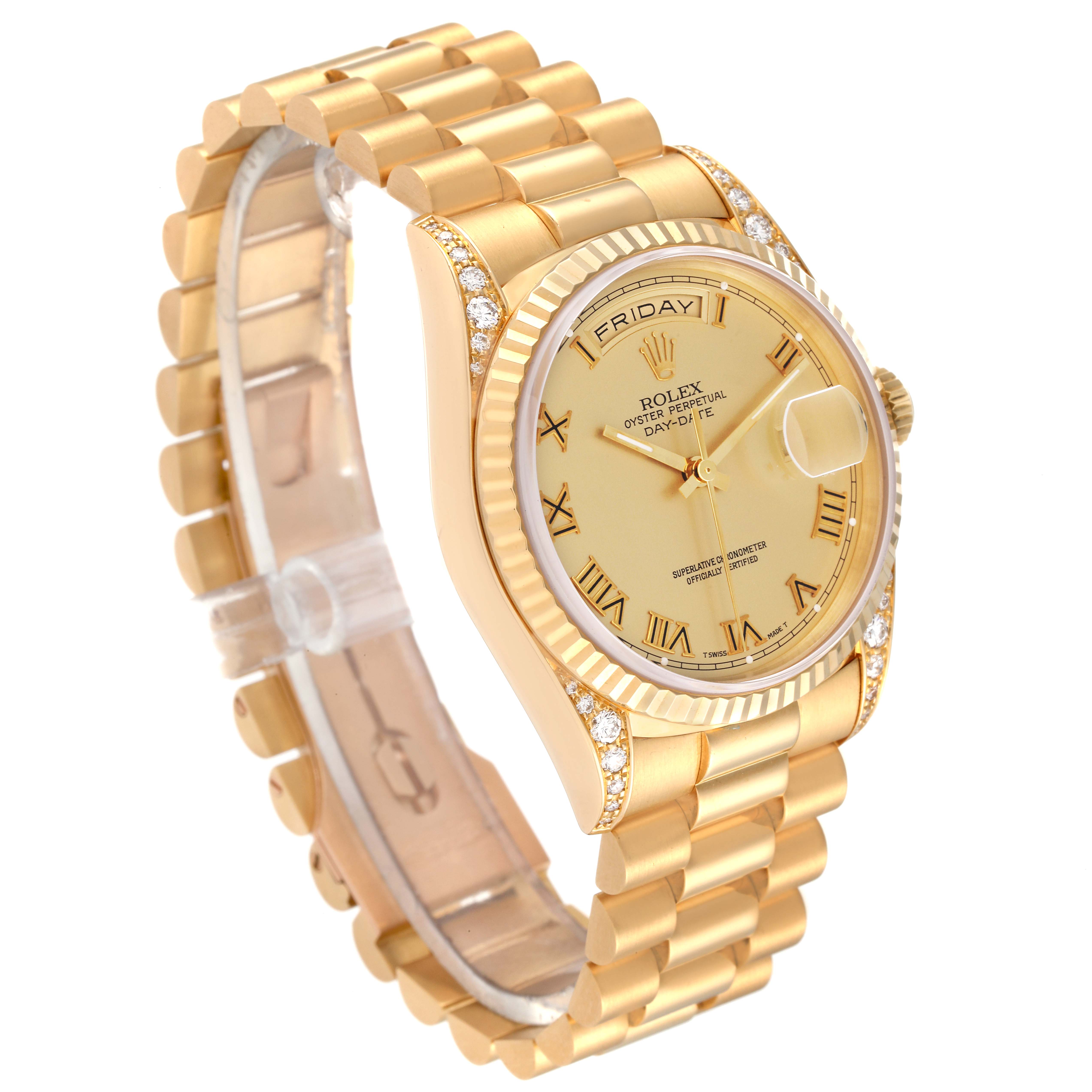 This Rolex President 18338 Men's Yellow Gold Champagne Dial 18338 Men's Yellow Gold Champagne Dial model watch is shown at a slight angle, displaying its gold band and face clearly.