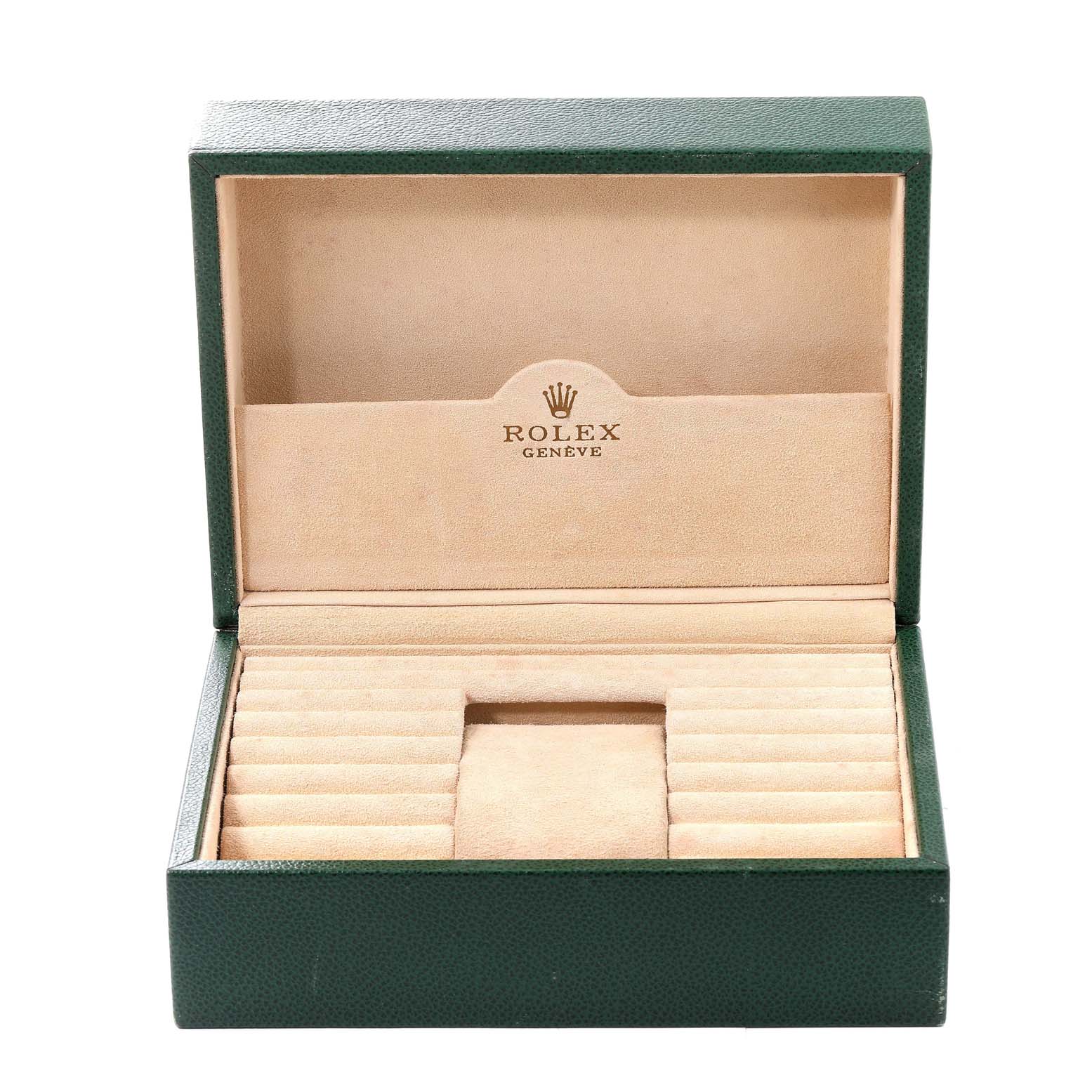 This image shows an open Rolex President 18238 Men's Yellow Gold Champagne Dial 18238 Men's Yellow Gold Champagne Dial watch box with compartments for accessories.