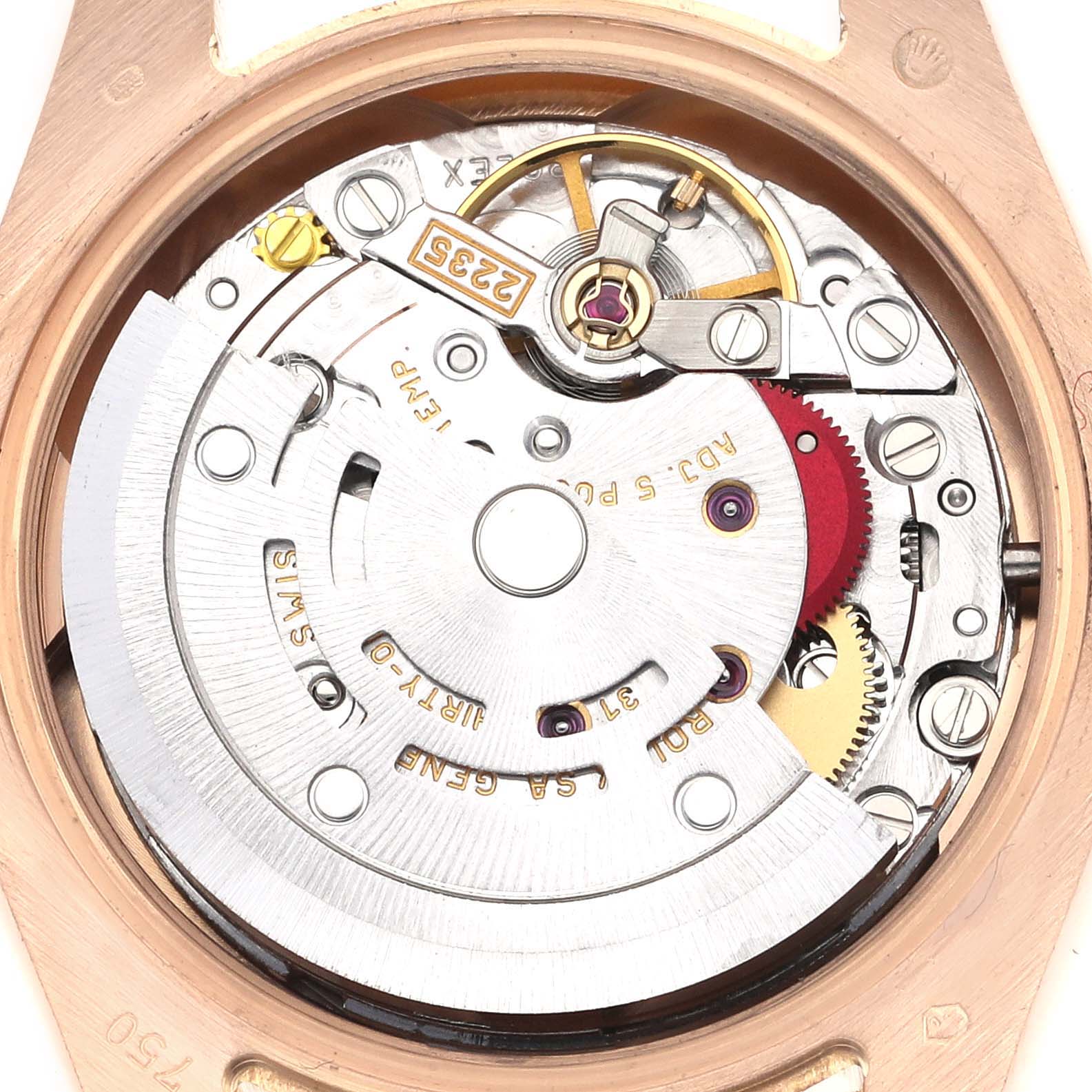 The image shows the internal movement mechanics of a Rolex President 179175 Women's Rose Gold Silver Dial 179175 Women's Rose Gold Silver Dial watch from a back view angle.