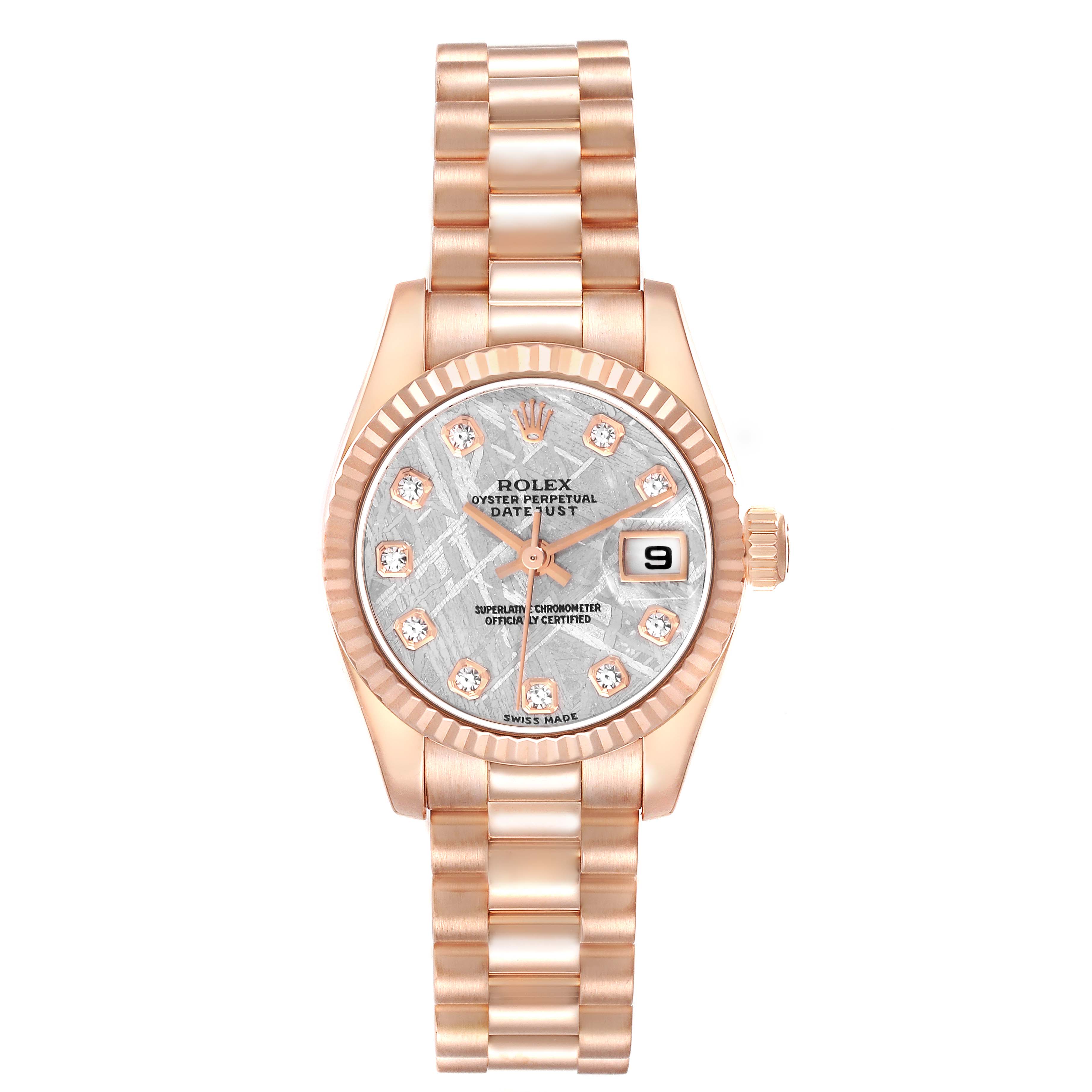 The Rolex President 179175 Women's Rose Gold Silver Dial 179175 Women's Rose Gold Silver Dial model is shown from the front, highlighting the dial, bezel, case, and bracelet.