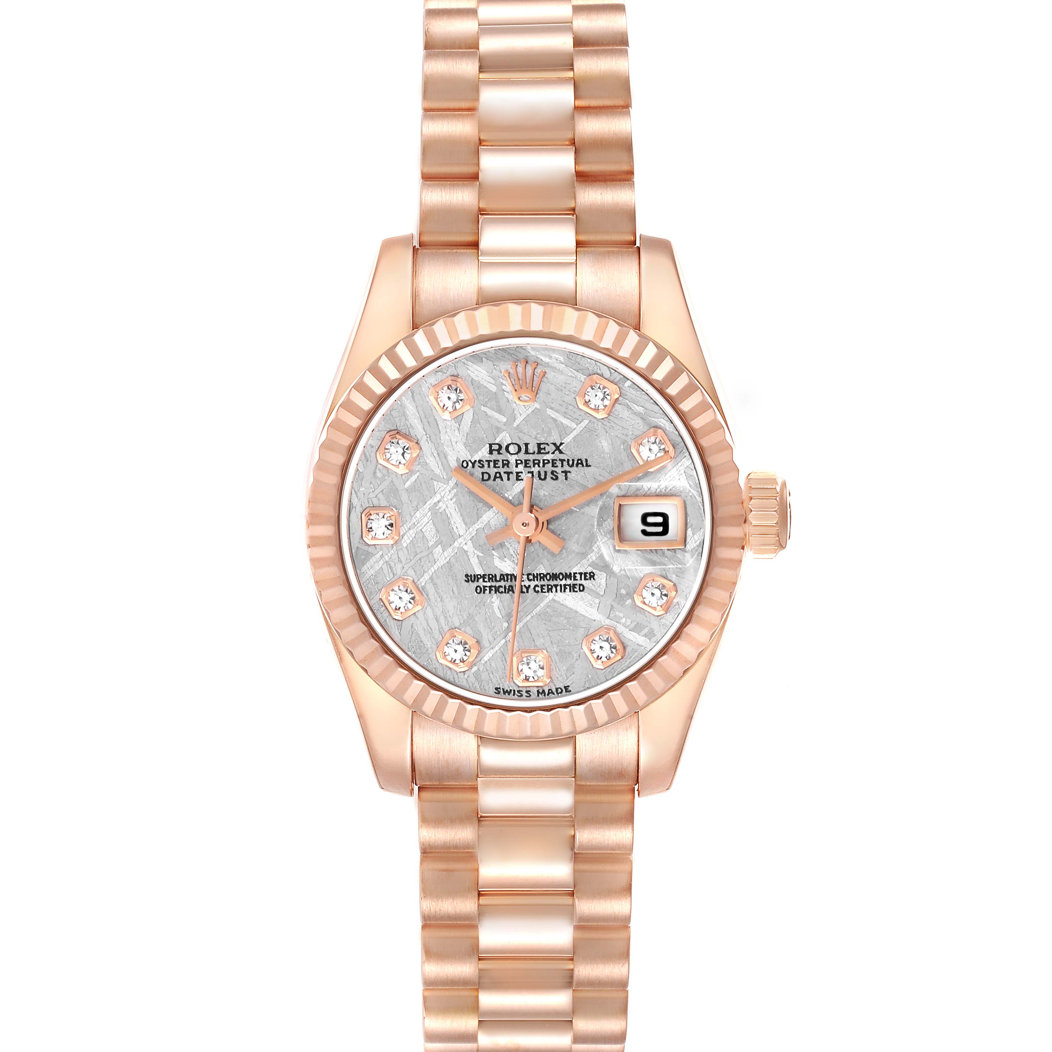 The Rolex President 179175 Women's Rose Gold Silver Dial 179175 Women's Rose Gold Silver Dial model watch is shown from the front, displaying its face, bezel, and bracelet.