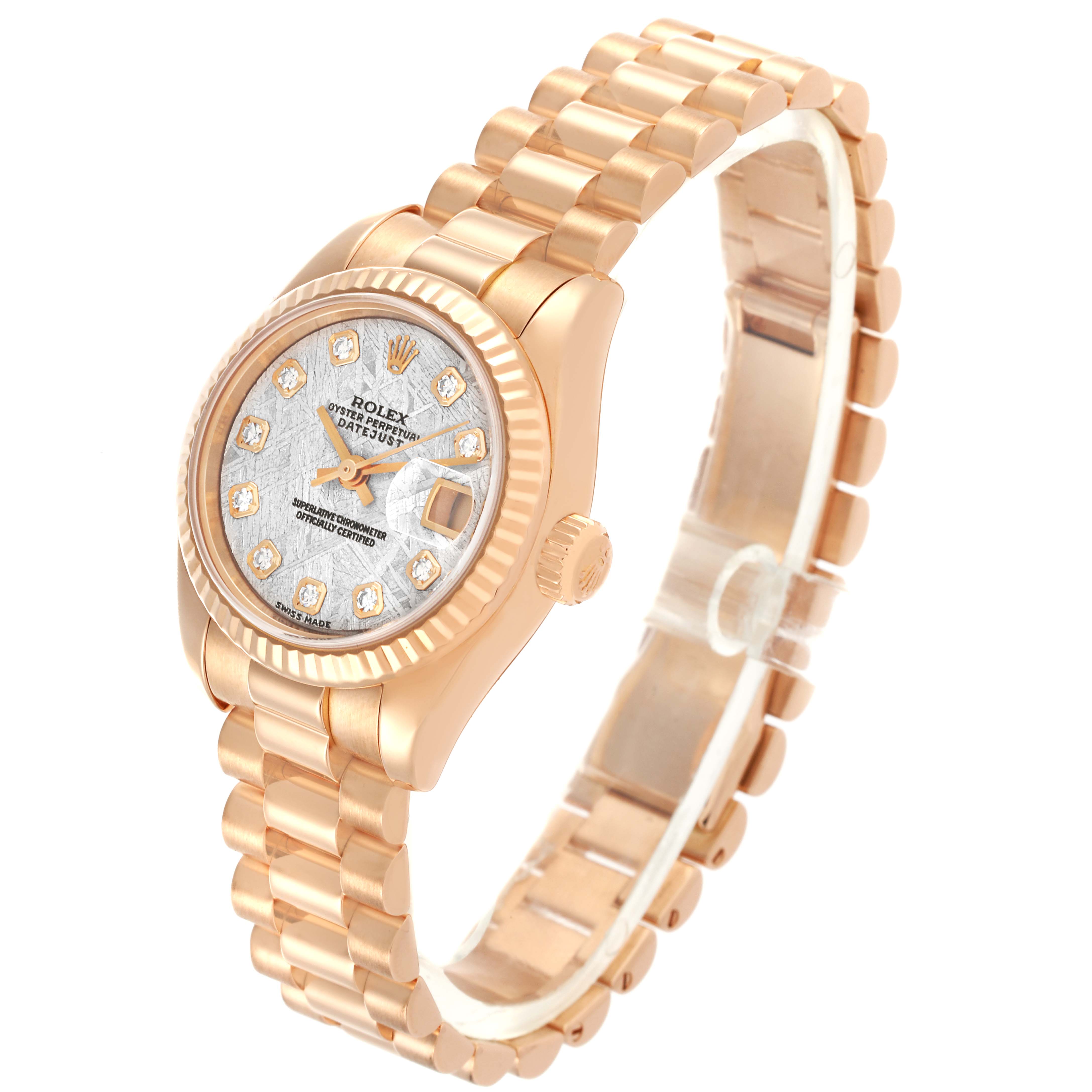 The Rolex President 179175 Women's Rose Gold Silver Dial 179175 Women's Rose Gold Silver Dial model watch is shown at a tilted angle, displaying the face, bezel, crown, and bracelet.