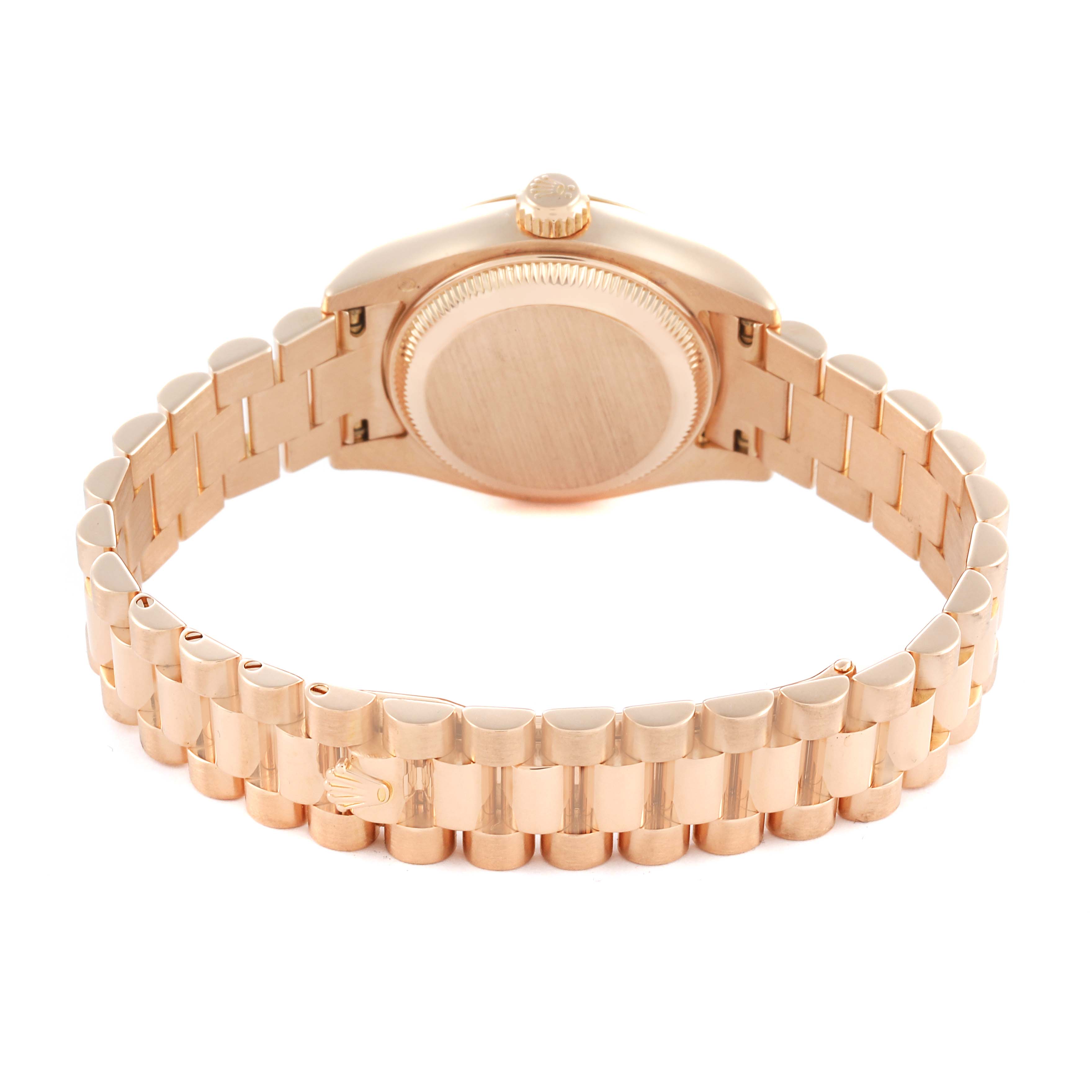 The image shows the back view of the Rolex President 179175 Women's Rose Gold Silver Dial 179175 Women's Rose Gold Silver Dial model, highlighting the bracelet and case back.
