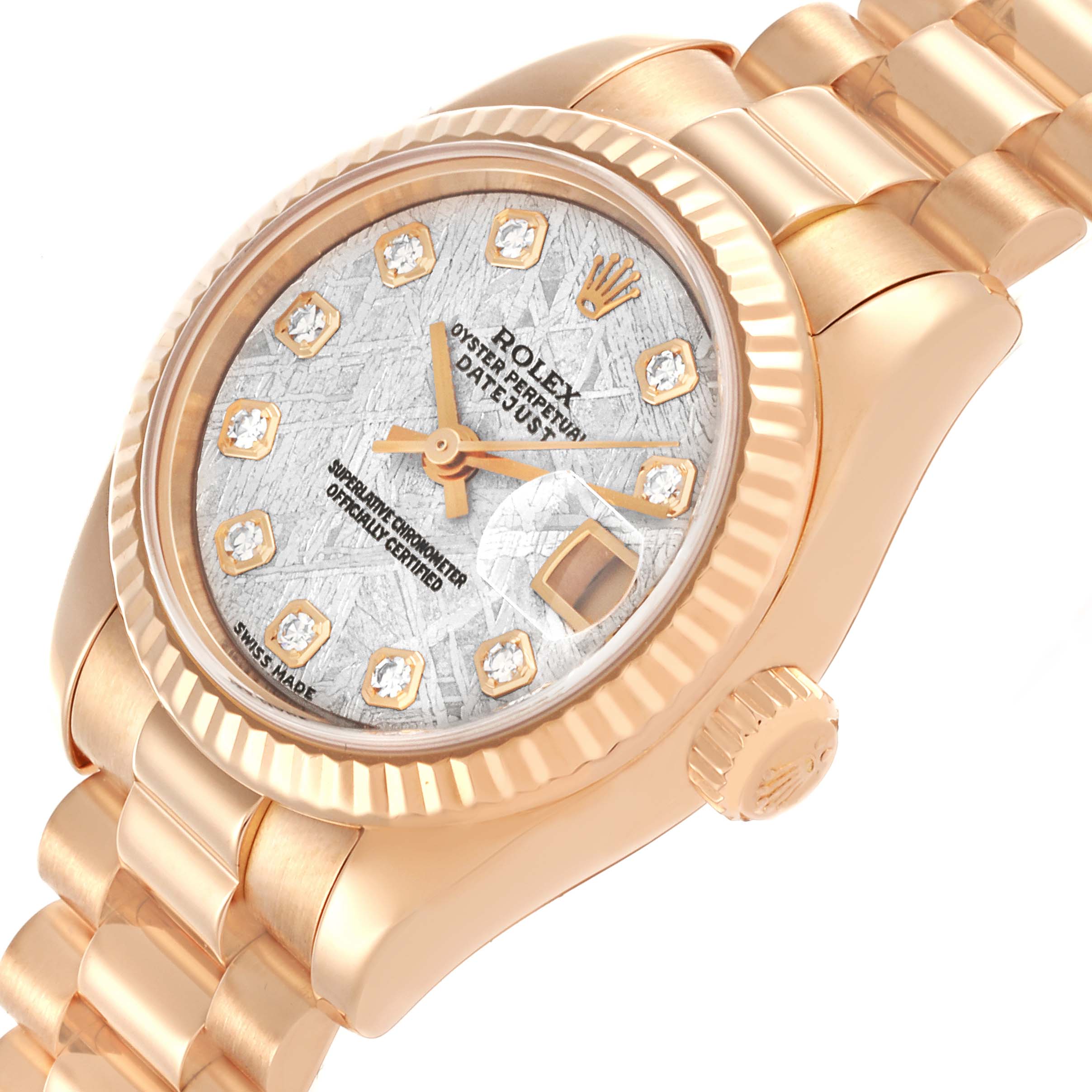 The Rolex President 179175 Women's Rose Gold Silver Dial 179175 Women's Rose Gold Silver Dial watch is shown at an angled view, highlighting the dial, bezel, crown, and bracelet.