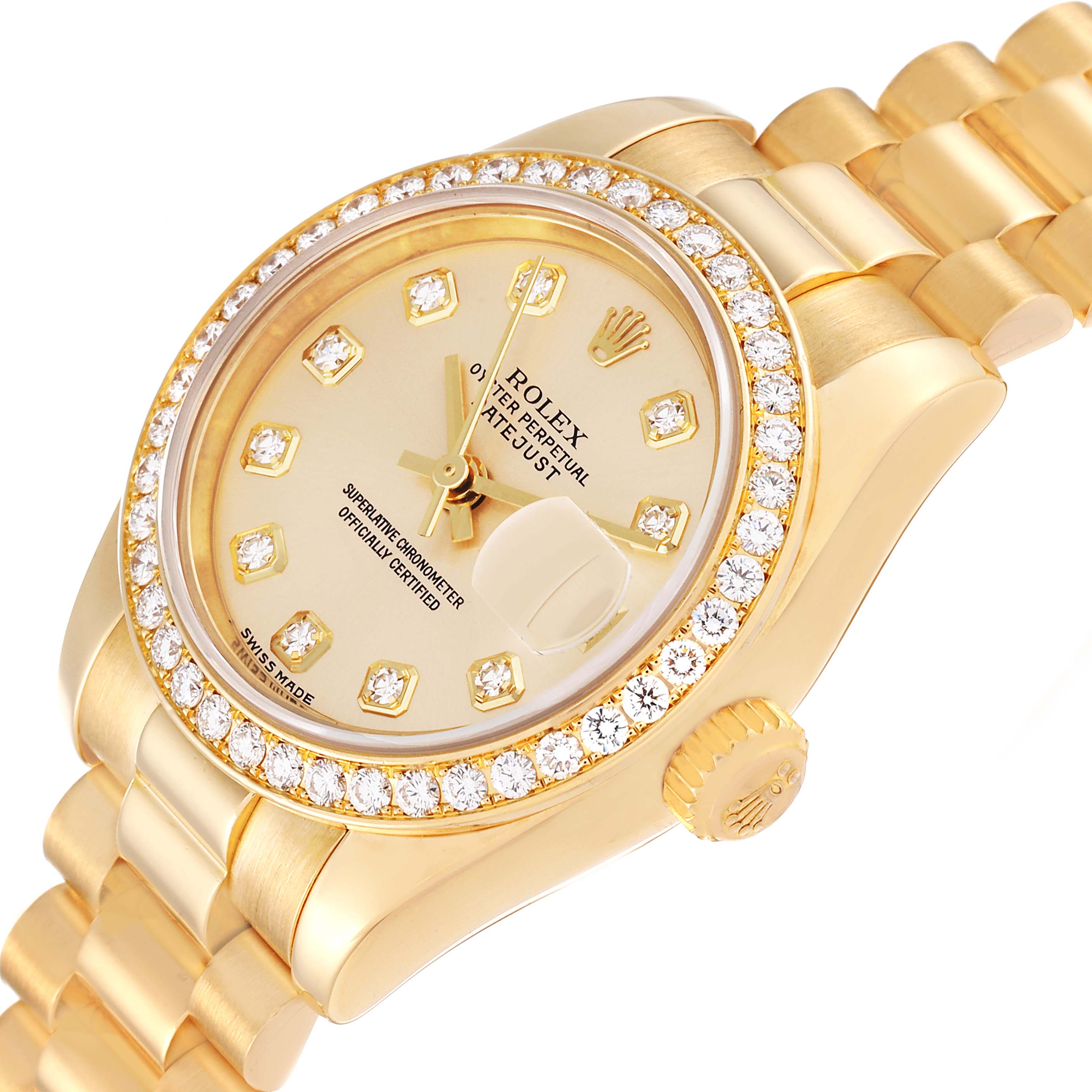 The Rolex President 179138G Women's Yellow Gold Champagne Dial 179138G Women's Yellow Gold Champagne Dial watch is shown at an angled close-up, displaying the face, bezel, crown, and part of the bracelet.
