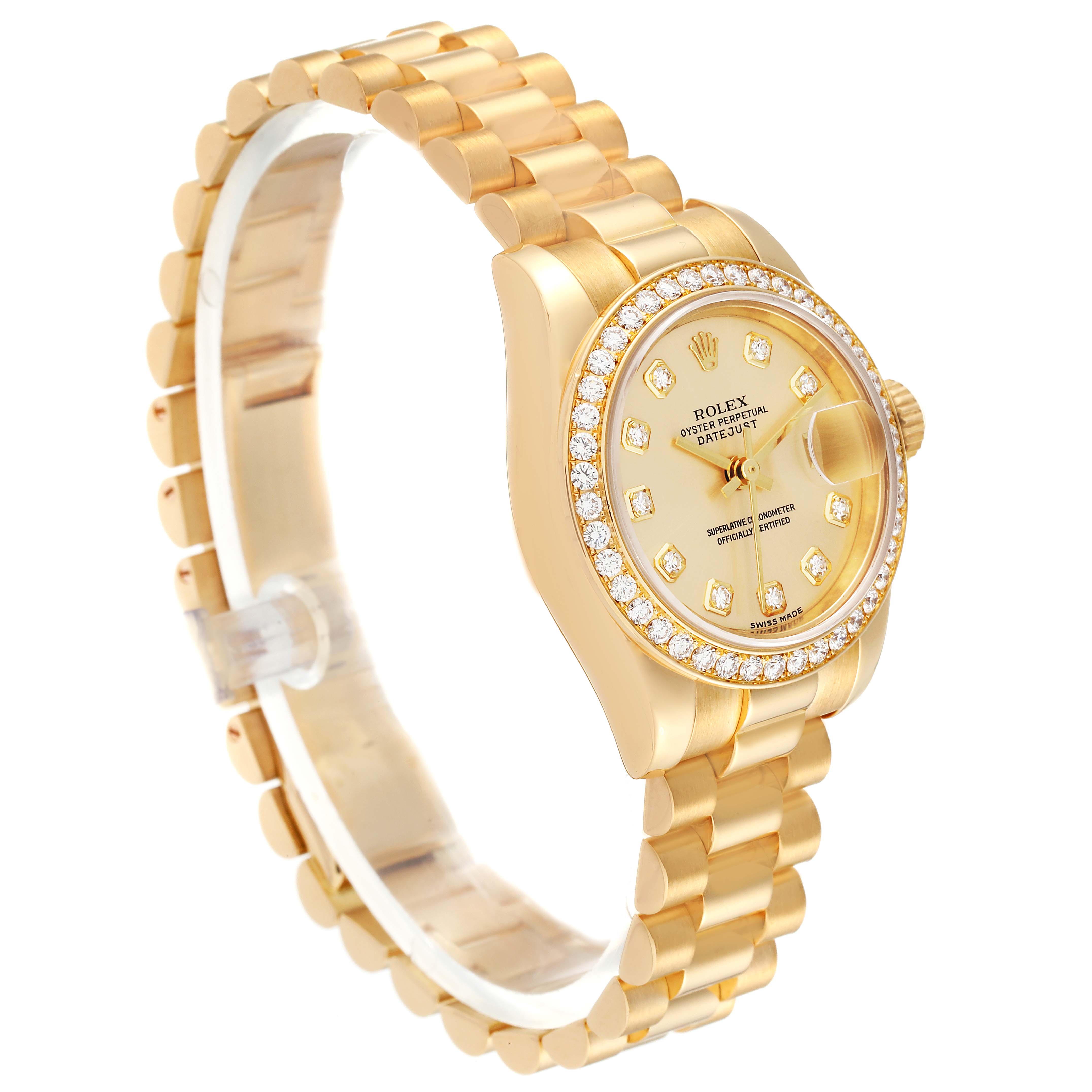 The angled view of the Rolex President 179138G Women's Yellow Gold Champagne Dial 179138G Women's Yellow Gold Champagne Dial model watch shows the face, bezel, crown, and bracelet.