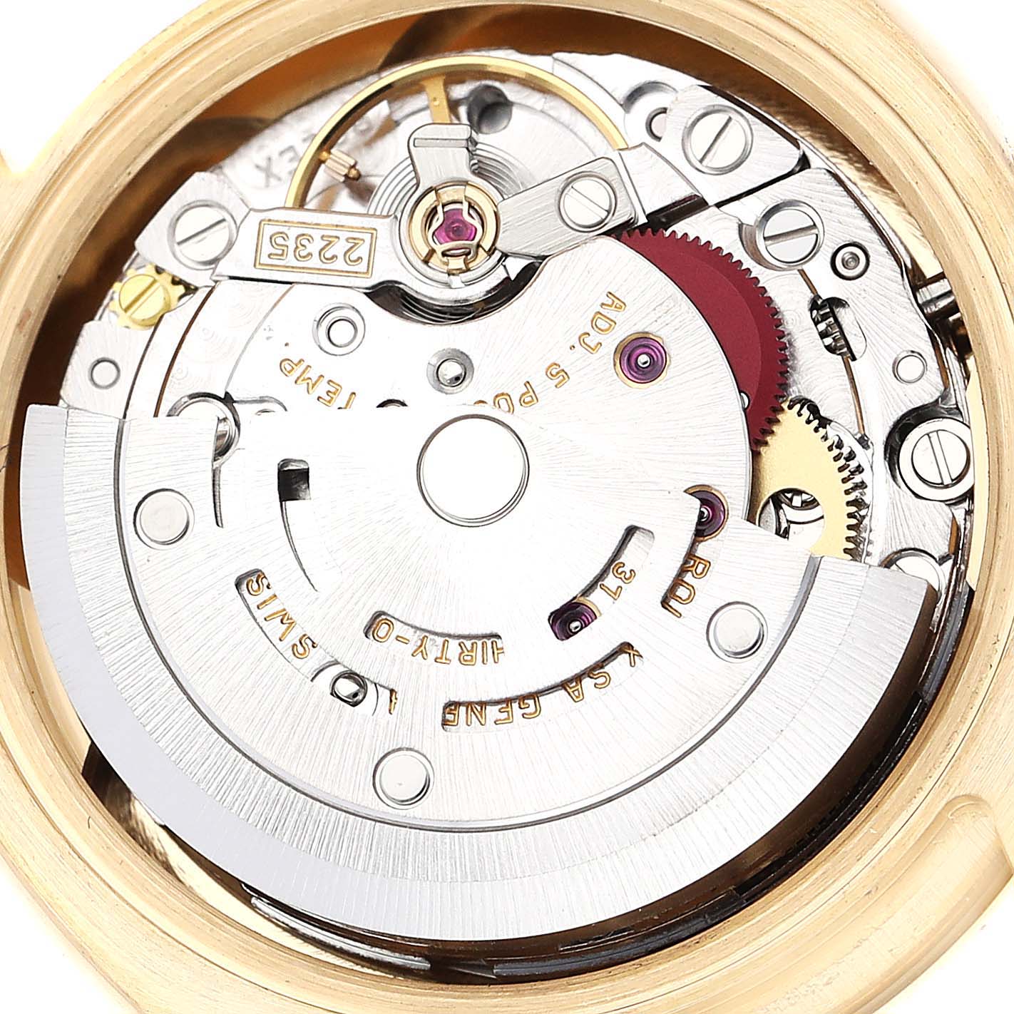 This image shows the internal mechanical movement of the Rolex President 179138G Women's Yellow Gold Champagne Dial 179138G Women's Yellow Gold Champagne Dial model watch from a top-down angle.