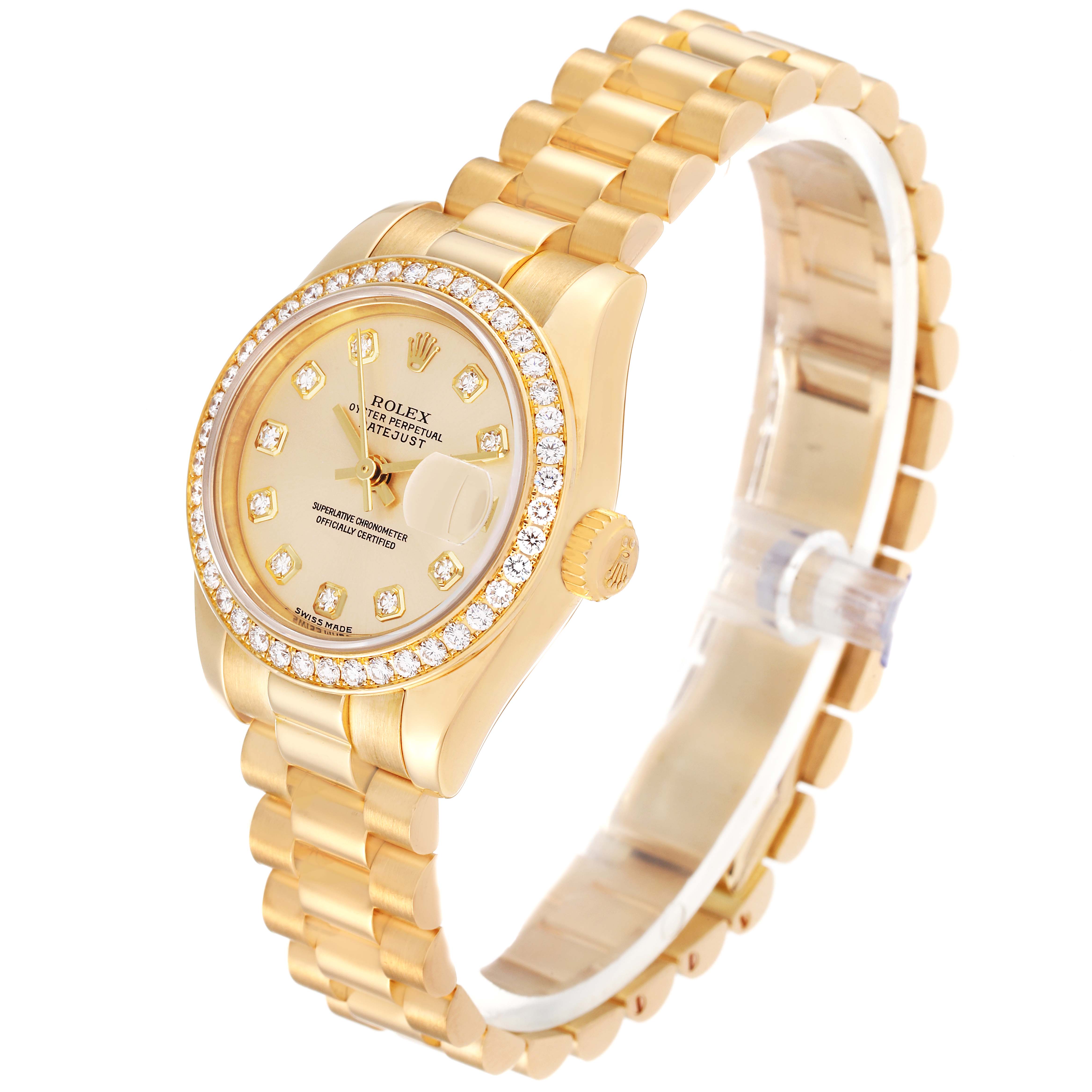The image shows a side angle of the Rolex President 179138G Women's Yellow Gold Champagne Dial 179138G Women's Yellow Gold Champagne Dial model watch, highlighting its gold band, bezel with diamonds, and face details.
