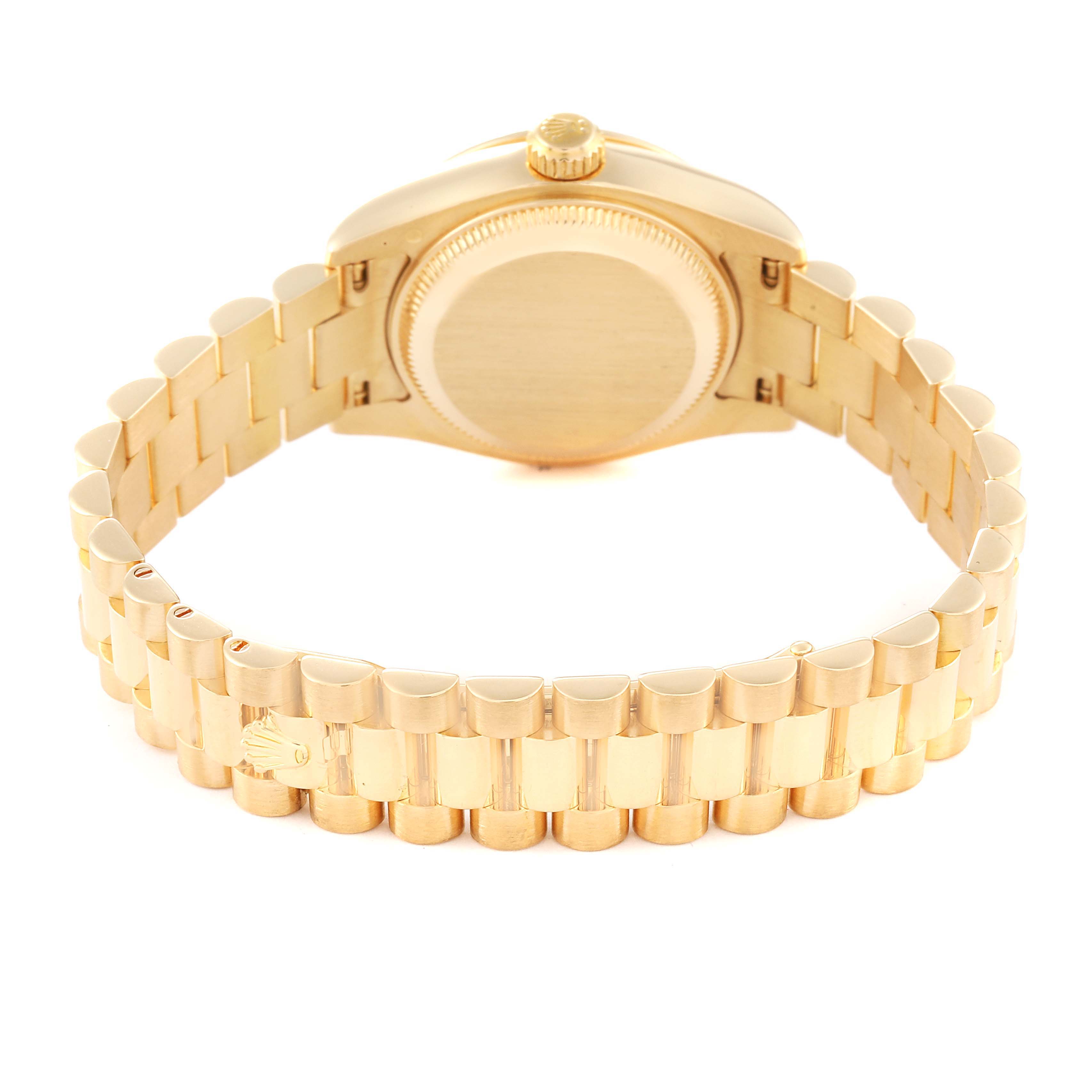 The image shows the back view and bracelet of a Rolex President 179138G Women's Yellow Gold Champagne Dial 179138G Women's Yellow Gold Champagne Dial model watch.