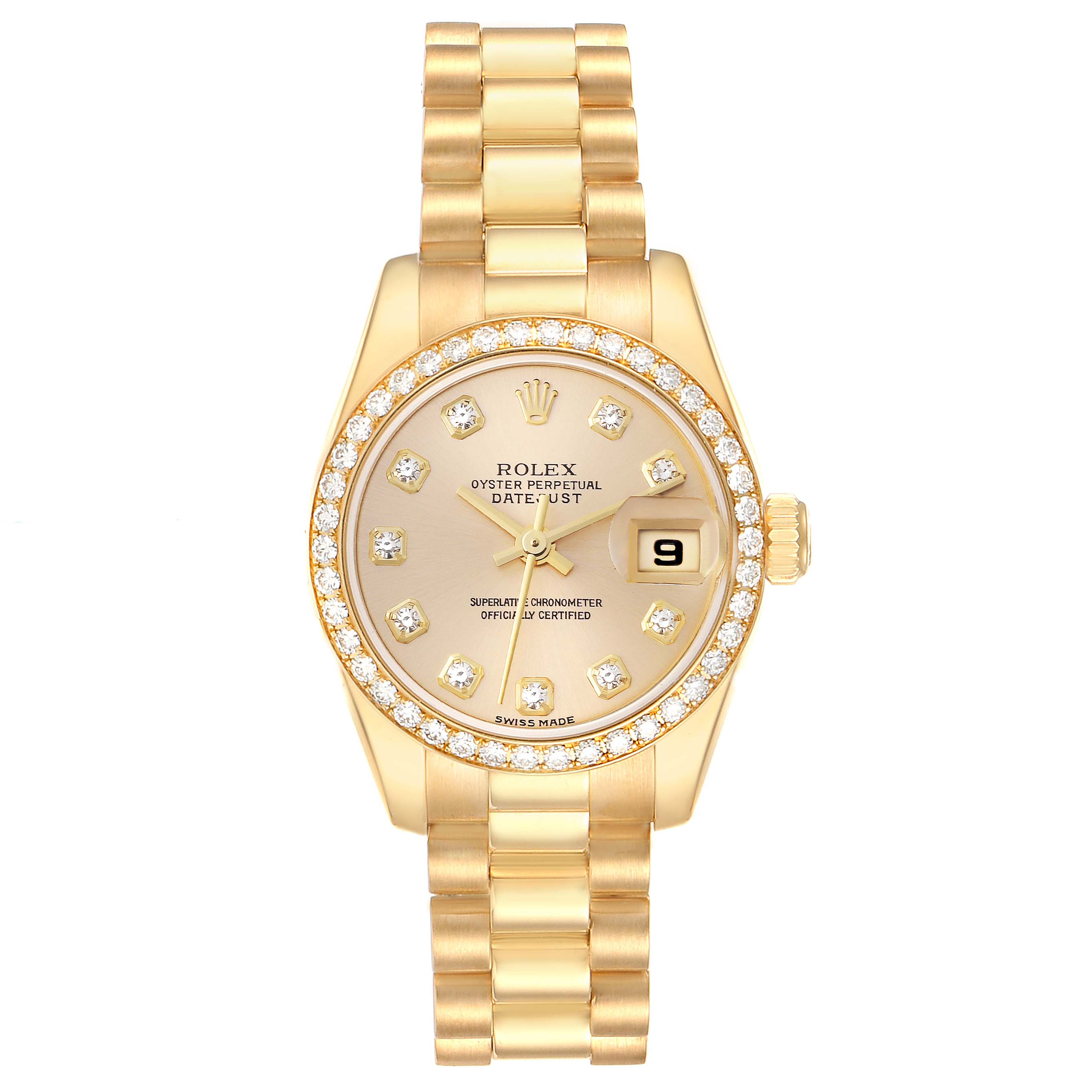 The Rolex President 179138G Women's Yellow Gold Champagne Dial 179138G Women's Yellow Gold Champagne Dial model watch is shown from a top-down angle, highlighting its gold bracelet, diamond-set bezel, and dial.
