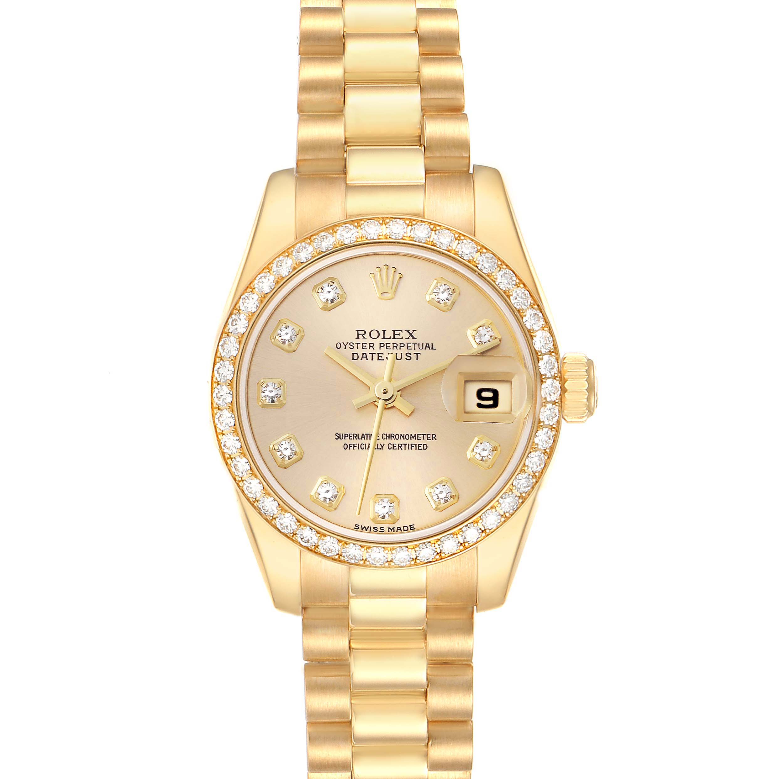 The image shows a Rolex President 179138G Women's Yellow Gold Champagne Dial 179138G Women's Yellow Gold Champagne Dial model watch, featuring a diamond bezel, champagne dial, and day-date function, viewed from the front.