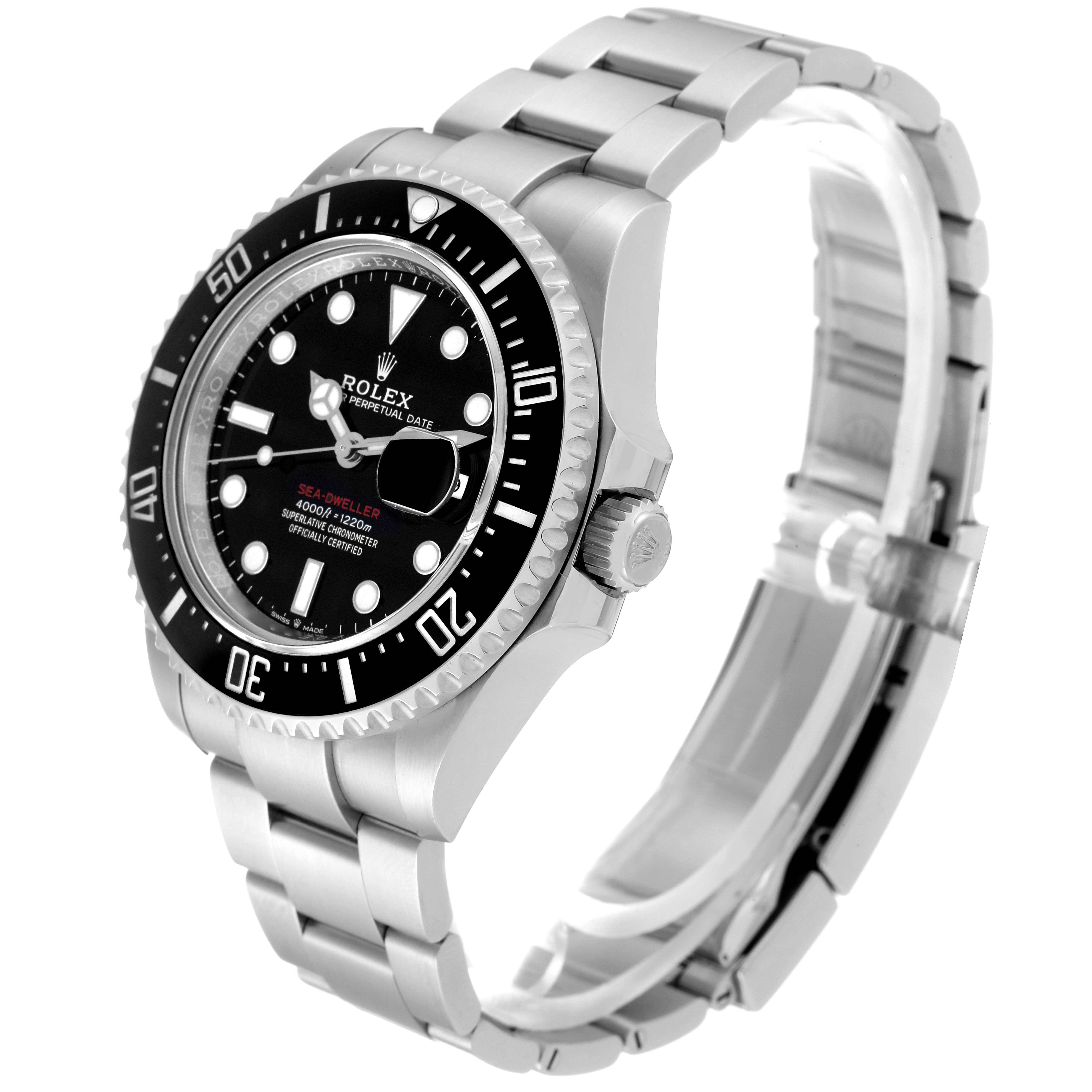 The Rolex Sea-Dweller 126600 Men
s Stainless Steel Black Dial 126600 Men
s Stainless Steel Black Dial watch is shown at a side angle, displaying its bracelet, bezel, crown, and dial.