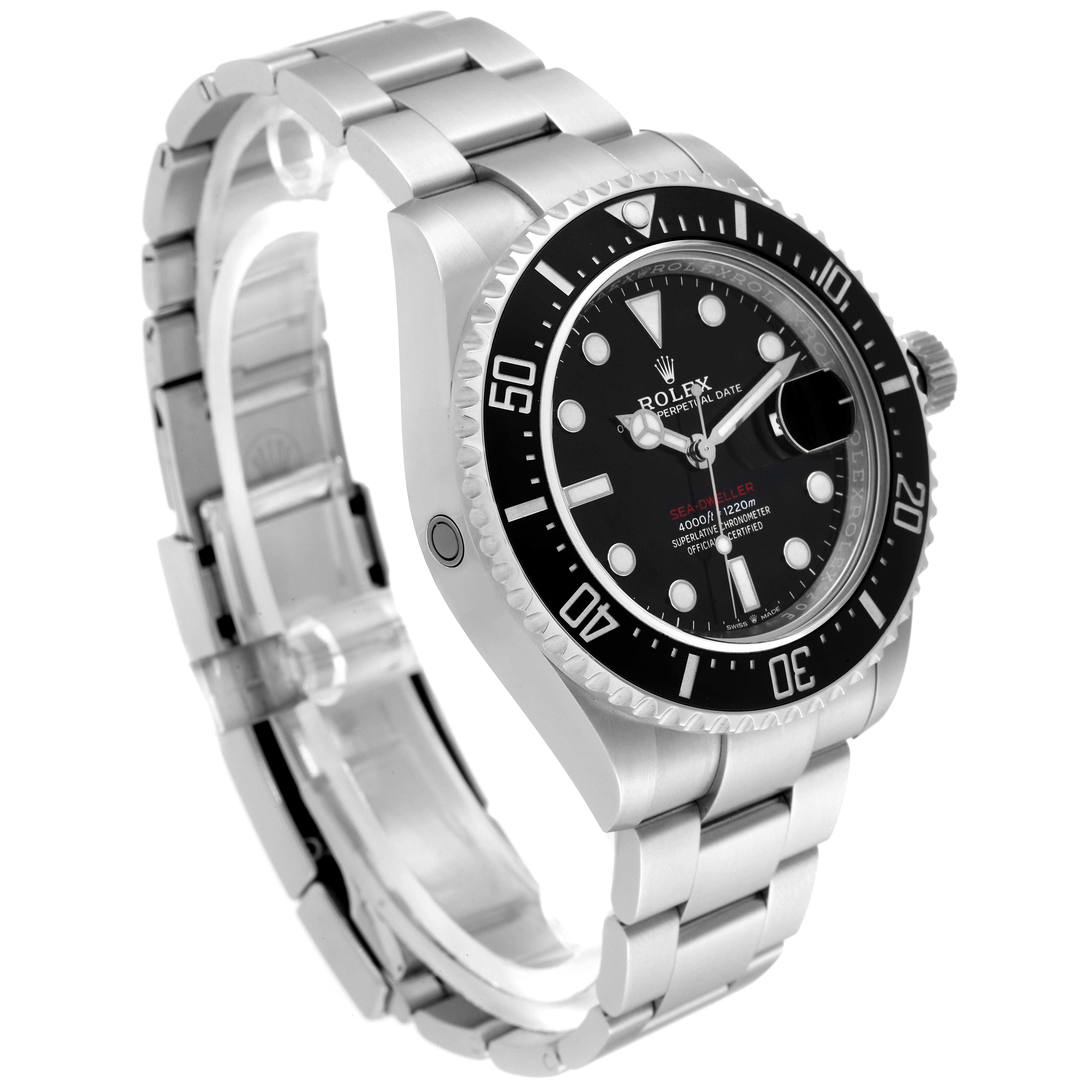 The image shows the Rolex Sea-Dweller 126600 Men
s Stainless Steel Black Dial 126600 Men
s Stainless Steel Black Dial watch at a slight side angle, highlighting its bracelet, bezel, and dial.
