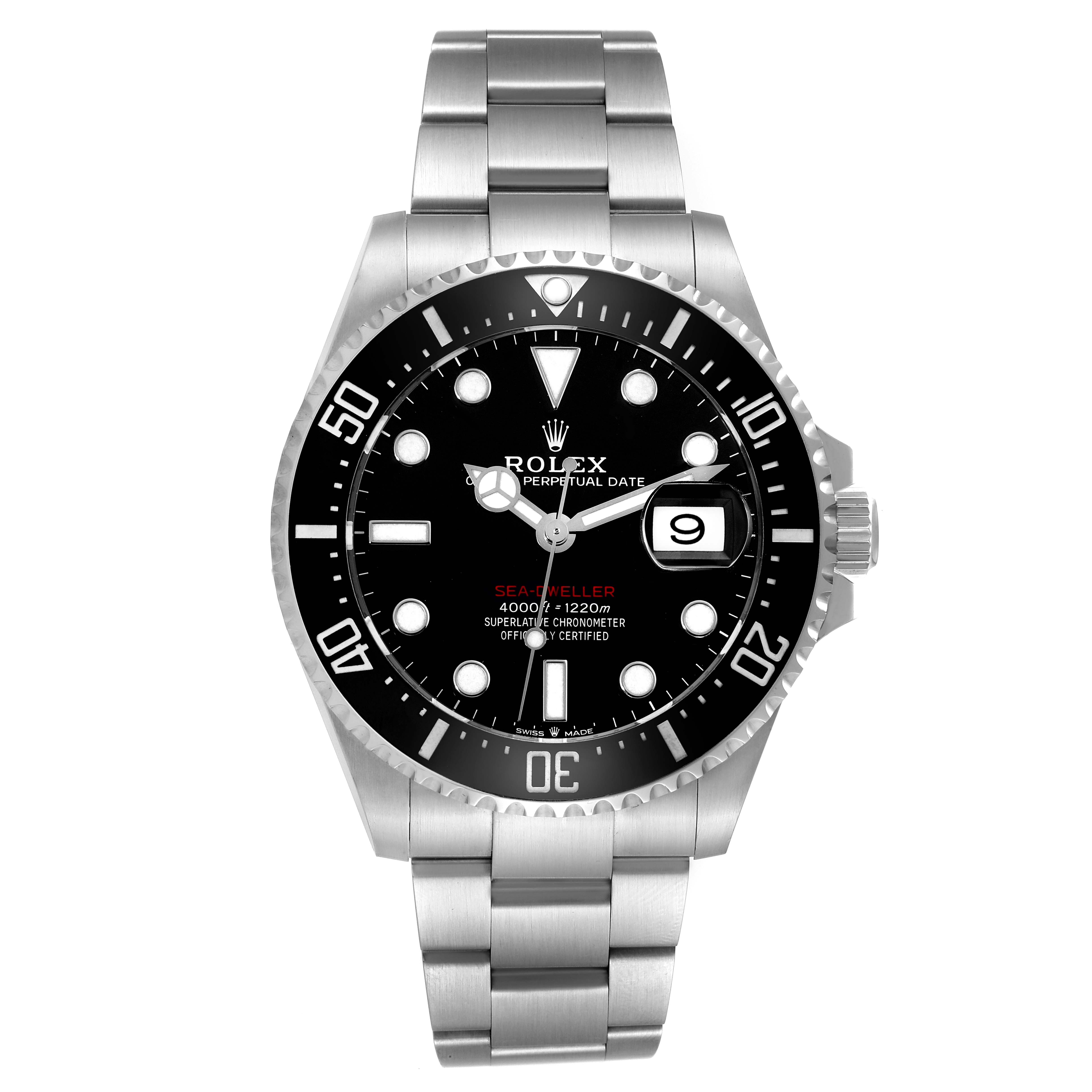The image shows a front view of the Rolex Sea-Dweller 126600 Men
s Stainless Steel Black Dial 126600 Men
s Stainless Steel Black Dial watch, highlighting its face, strap, and bezel.