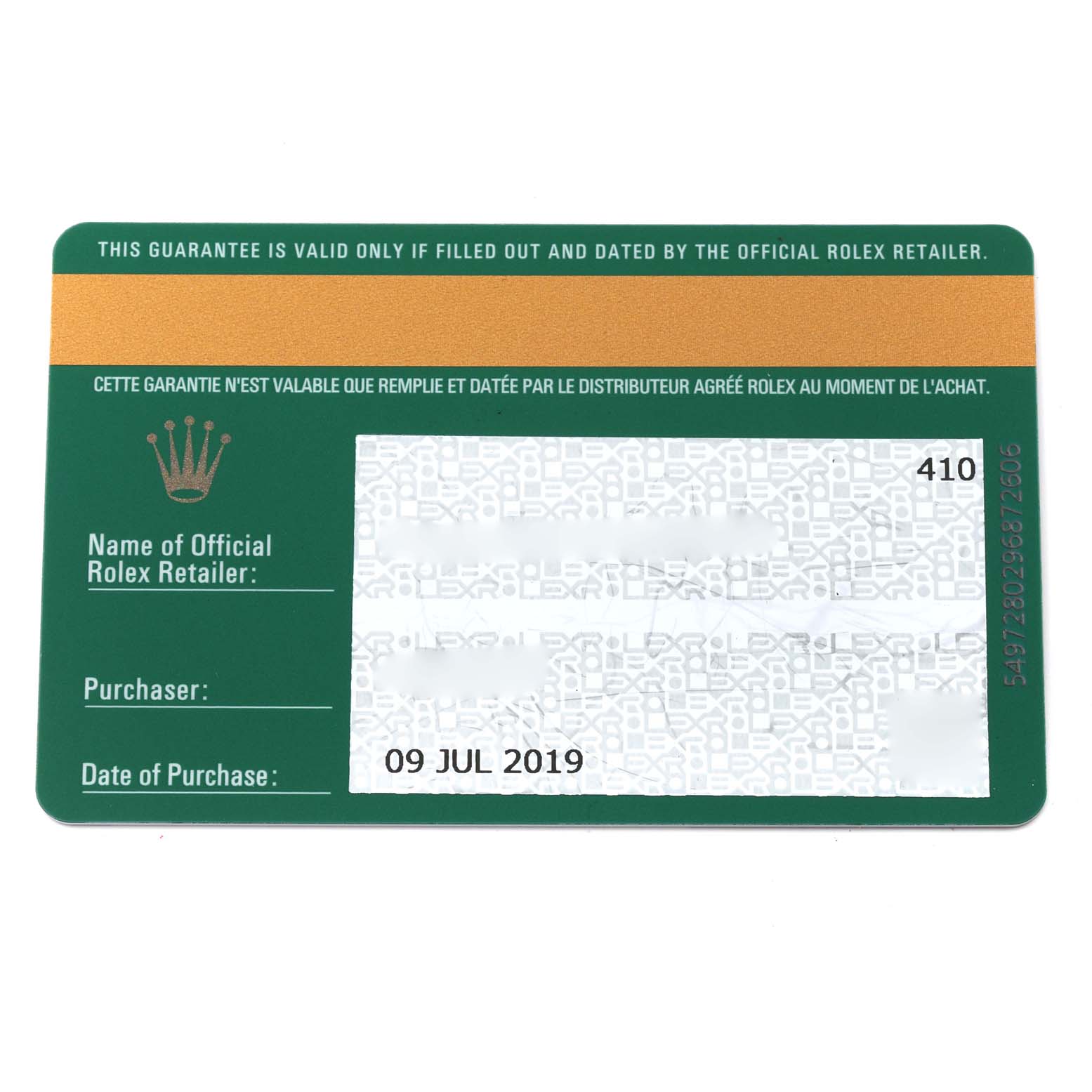 This image shows a warranty card for a Rolex Sea-Dweller 126600 Men
s Stainless Steel Black Dial 126600 Men
s Stainless Steel Black Dial watch, dated July 9, 2019.