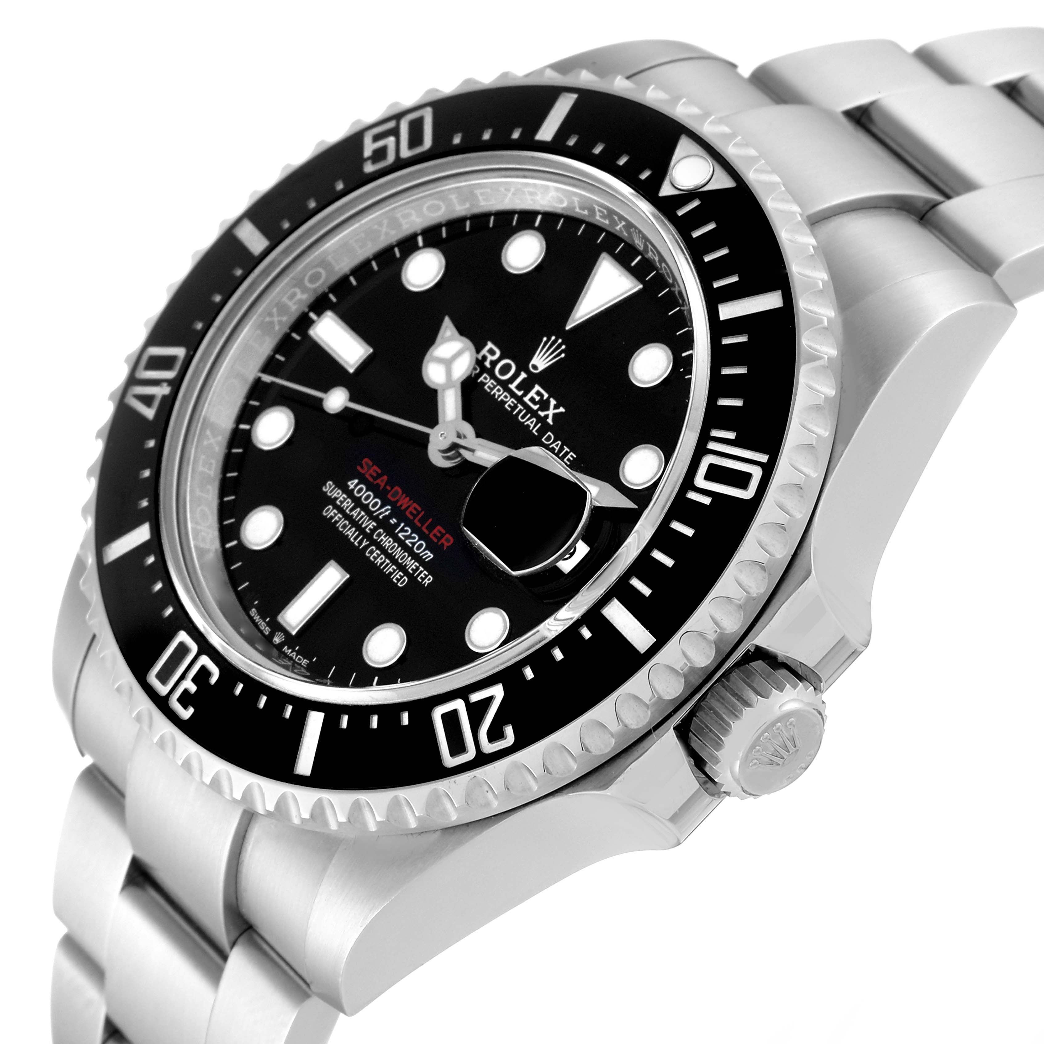 The image shows a side angle view of the Rolex Sea-Dweller 126600 Men
s Stainless Steel Black Dial 126600 Men
s Stainless Steel Black Dial watch, highlighting its bezel, dial, and partially its bracelet.