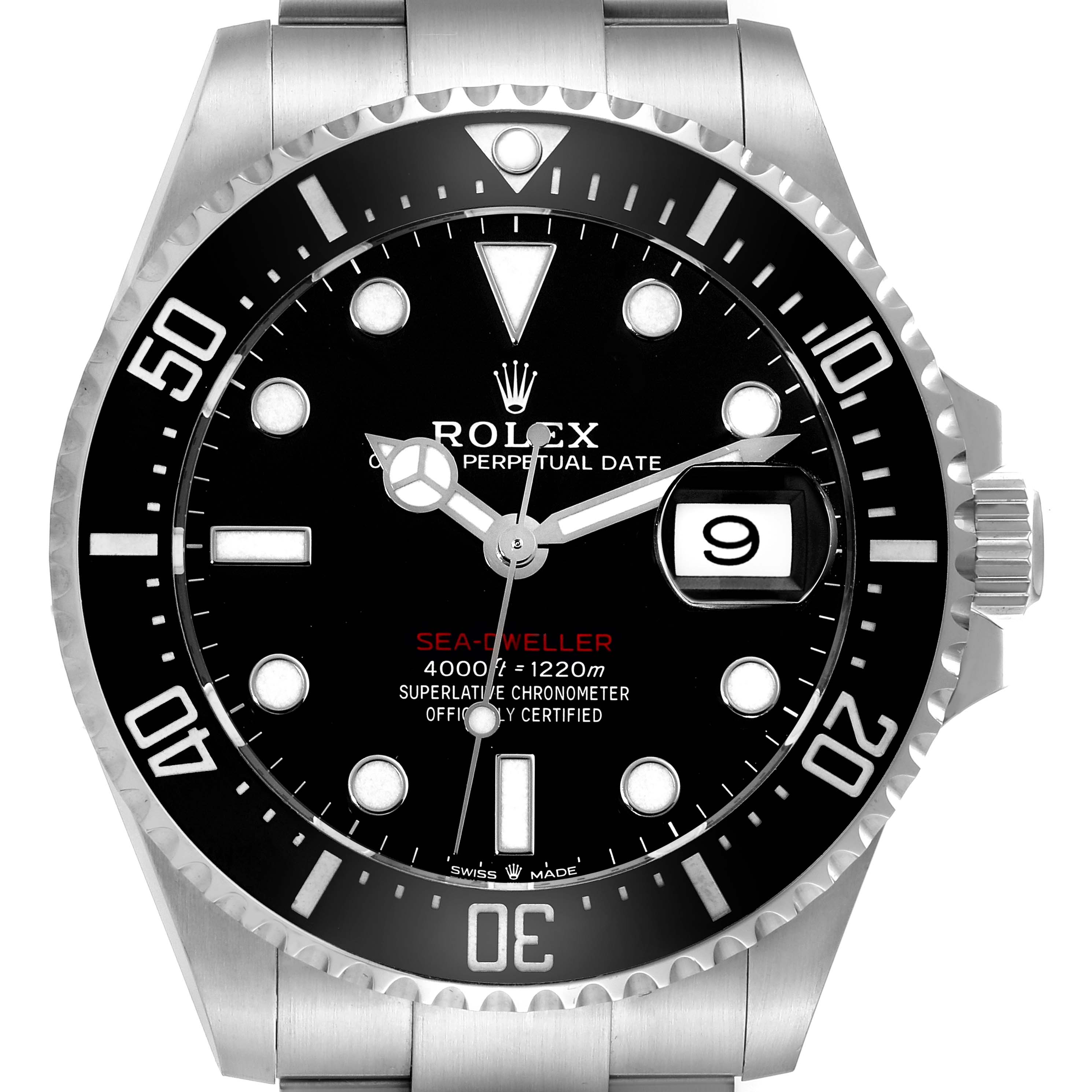 The Rolex Sea-Dweller 126600 Men
s Stainless Steel Black Dial 126600 Men
s Stainless Steel Black Dial watch is shown from a front angle, displaying the dial, bezel, and crown.