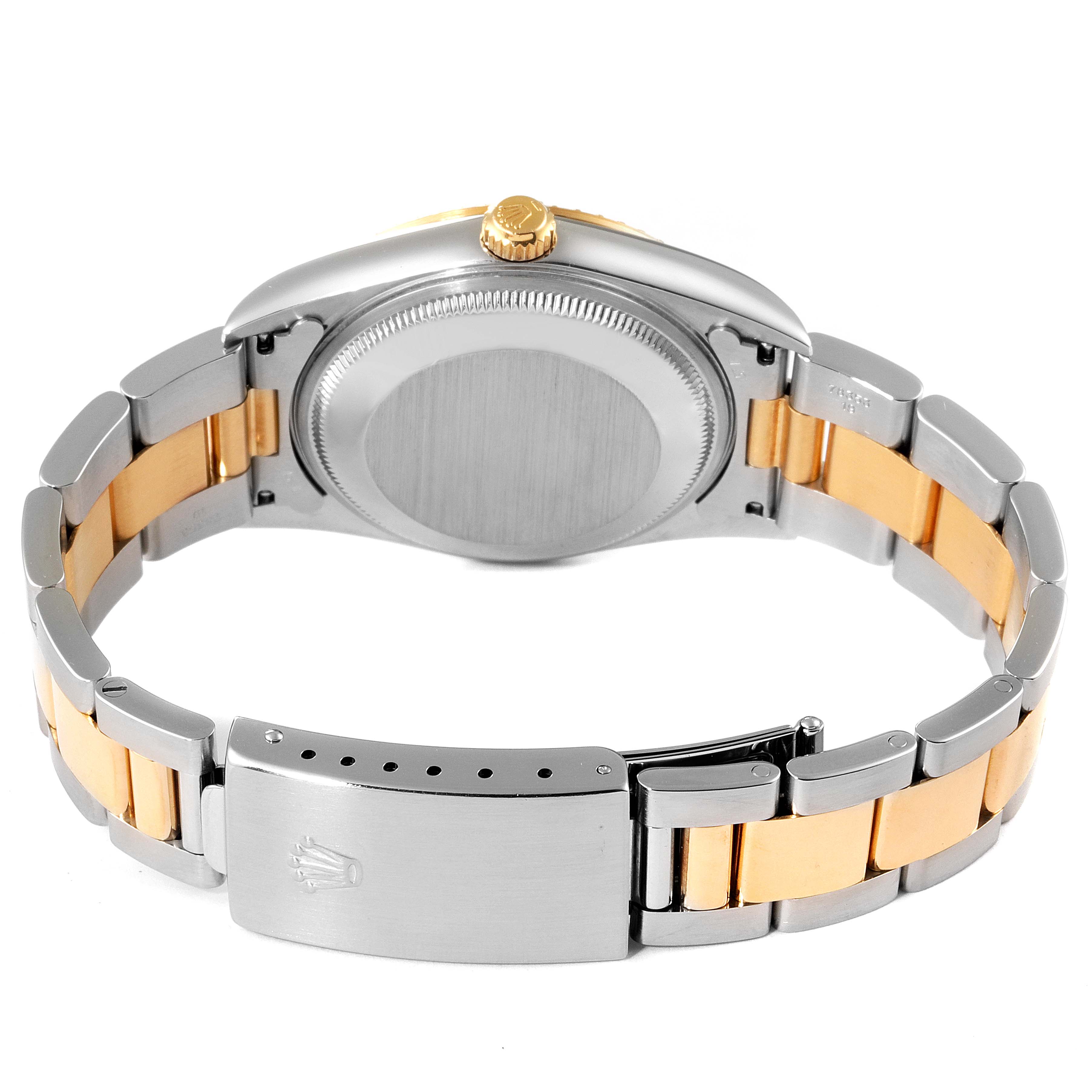 The image shows the back side of a Rolex Date 15223 Men's Steel and Gold (two tone) Black Dial 15223 Men's Steel and Gold (two tone) Black Dial model watch, highlighting the case back and two-tone bracelet with the clasp.