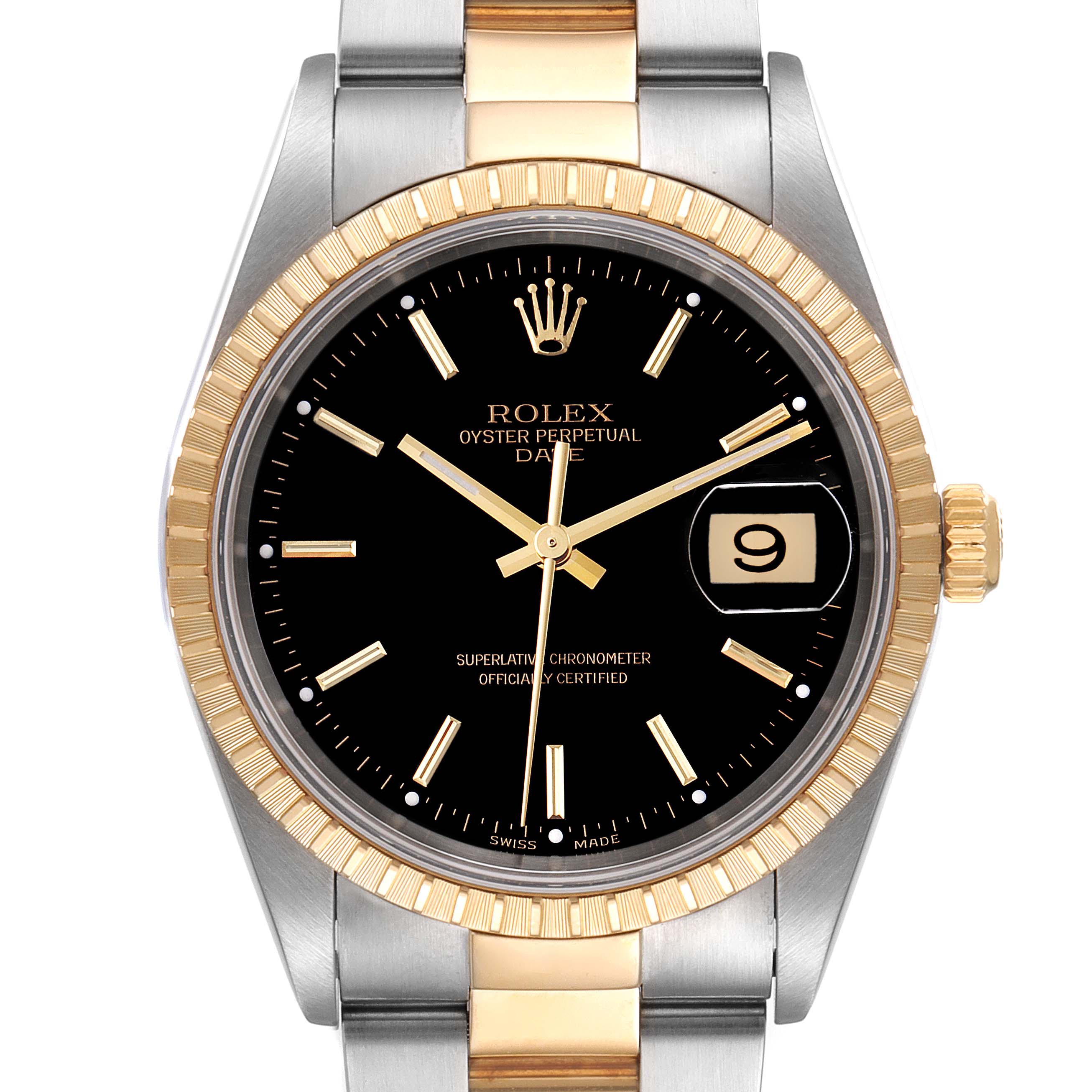 This image shows a front view of a Rolex Date 15223 Men's Steel and Gold (two tone) Black Dial 15223 Men's Steel and Gold (two tone) Black Dial model watch, highlighting its black dial, gold fluted bezel, and Oyster bracelet.