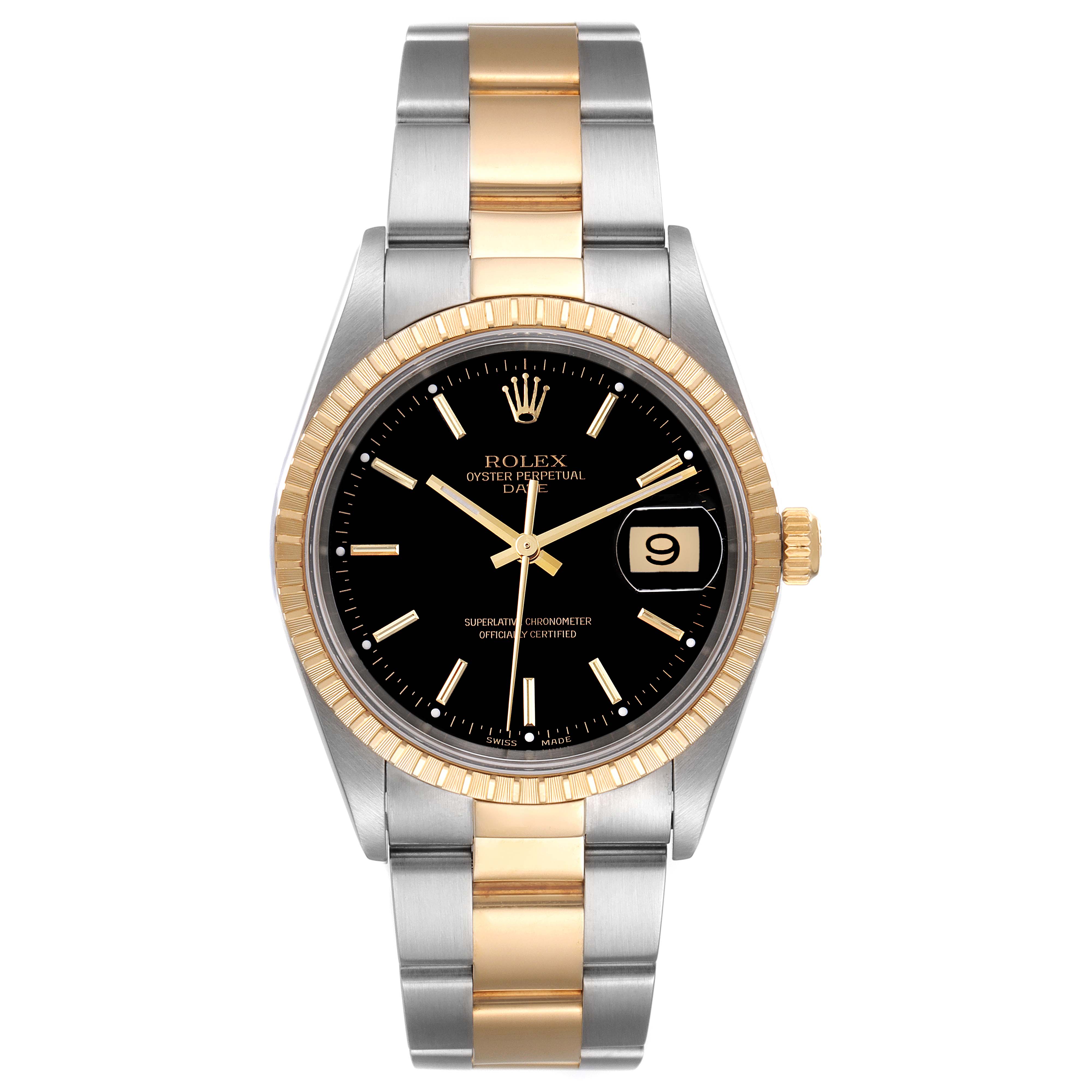 The Rolex Date 15223 Men's Steel and Gold (two tone) Black Dial 15223 Men's Steel and Gold (two tone) Black Dial model is shown from a straight-on angle, displaying its black dial, gold bezel, hands, and two-tone bracelet.