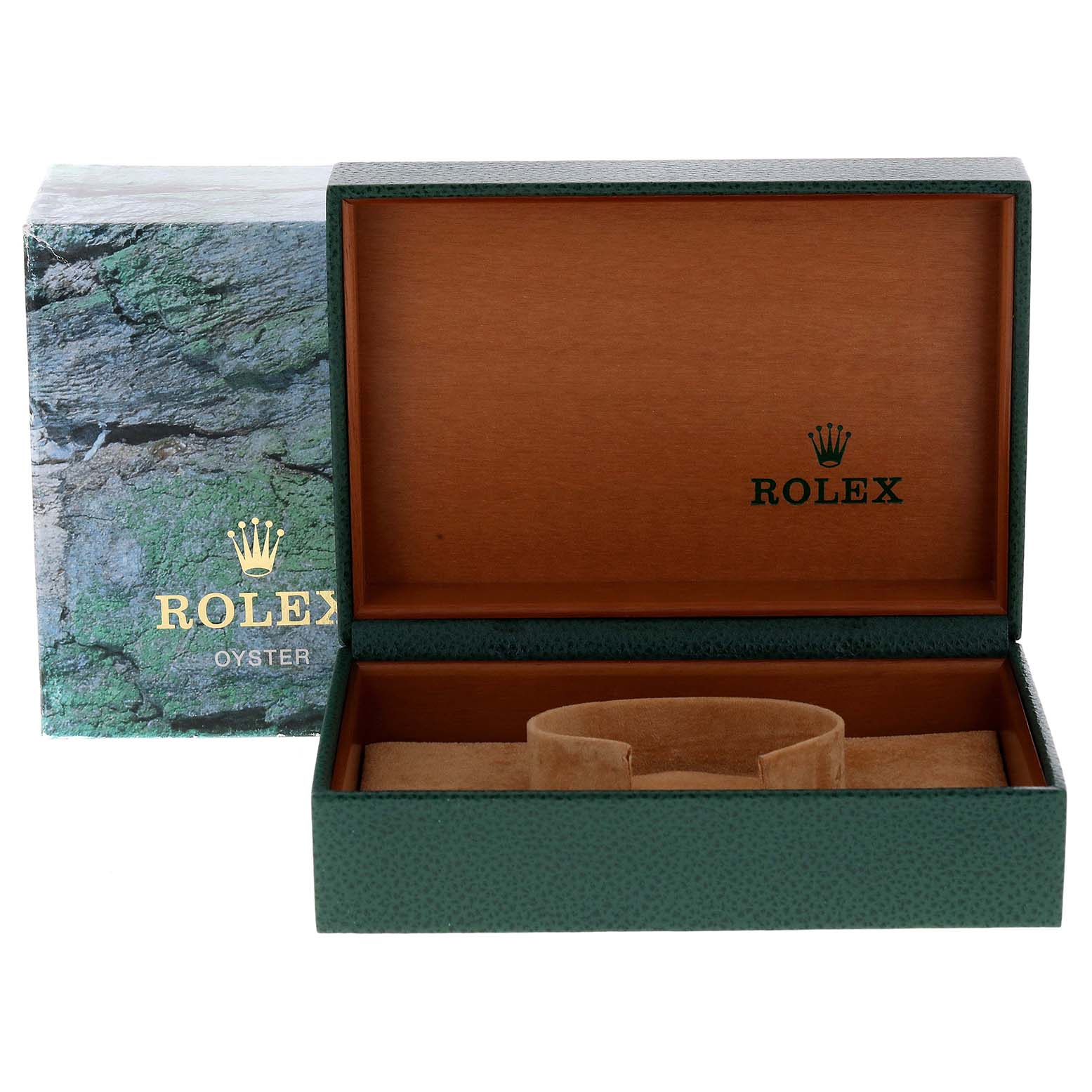 This image shows an open Rolex Date 15223 Men's Steel and Gold (two tone) Black Dial 15223 Men's Steel and Gold (two tone) Black Dial model storage box and its outer packaging.