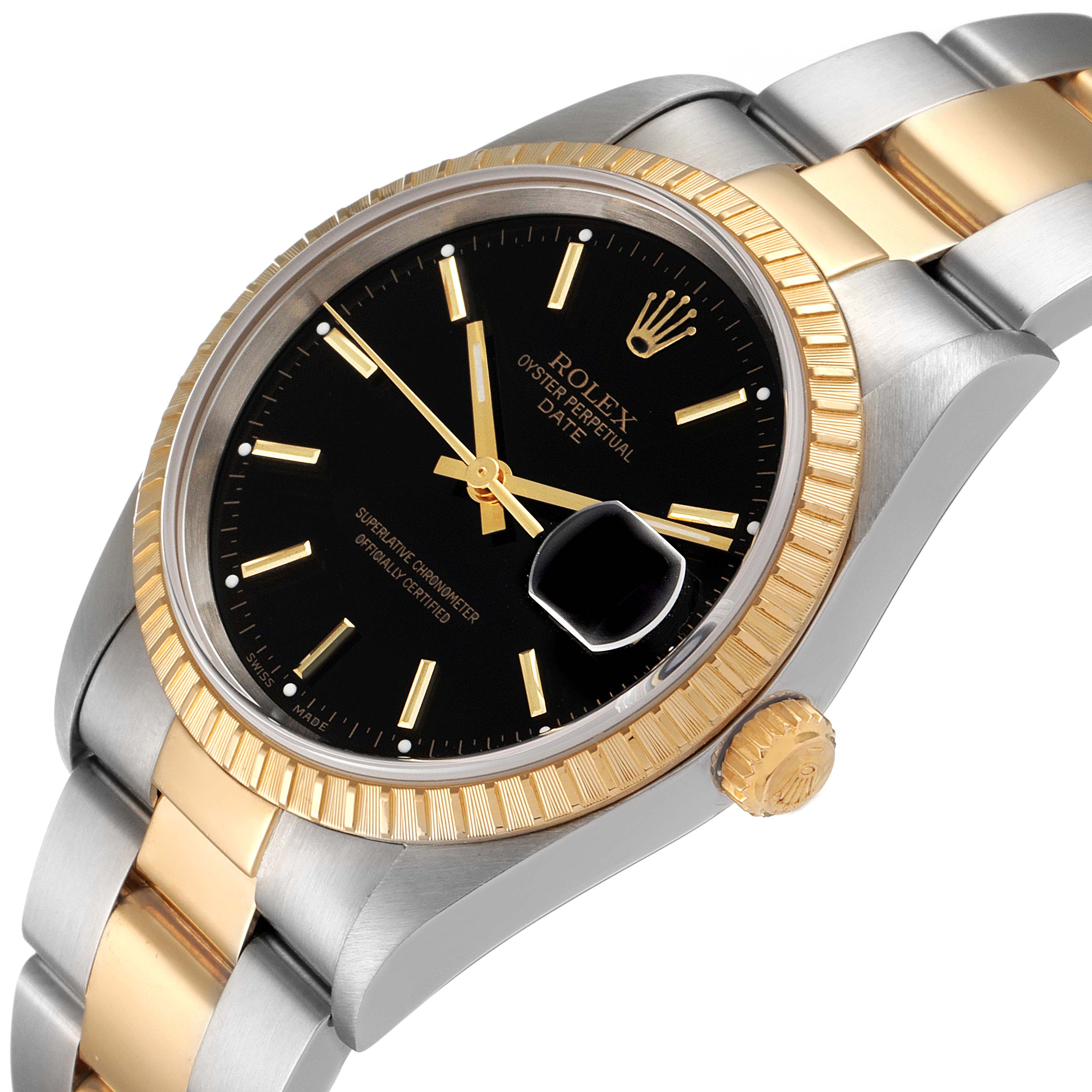 The image shows a close-up angled view of a Rolex Date 15223 Men's Steel and Gold (two tone) Black Dial 15223 Men's Steel and Gold (two tone) Black Dial watch, highlighting the dial, bezel, and part of the bracelet.