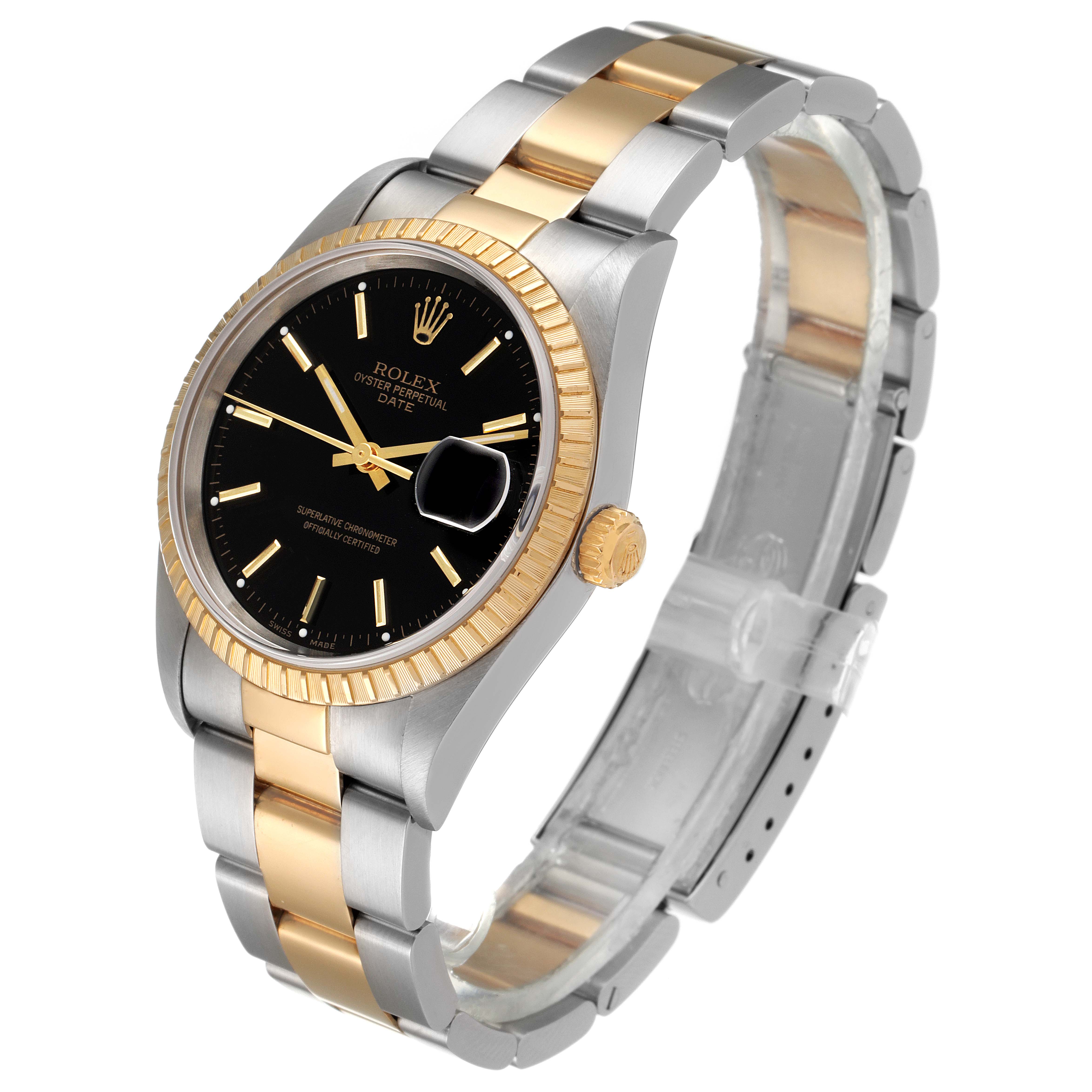 The Rolex Date 15223 Men's Steel and Gold (two tone) Black Dial 15223 Men's Steel and Gold (two tone) Black Dial model is shown at an angle displaying the face, crown, and part of the bracelet.